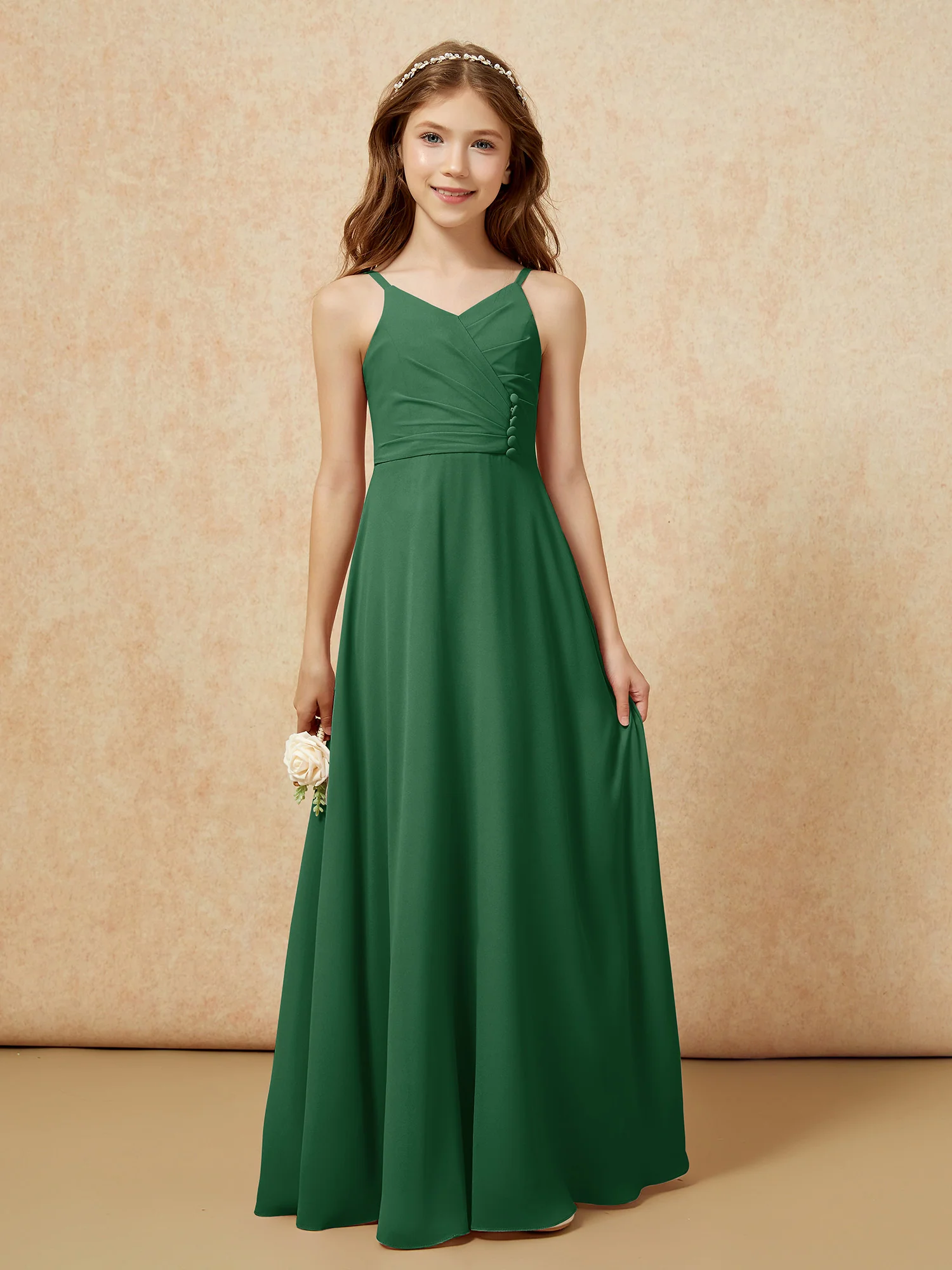 V-neck Pleated Chiffon Long Junior Bridesmaid Dresses Dark Green - Image 6