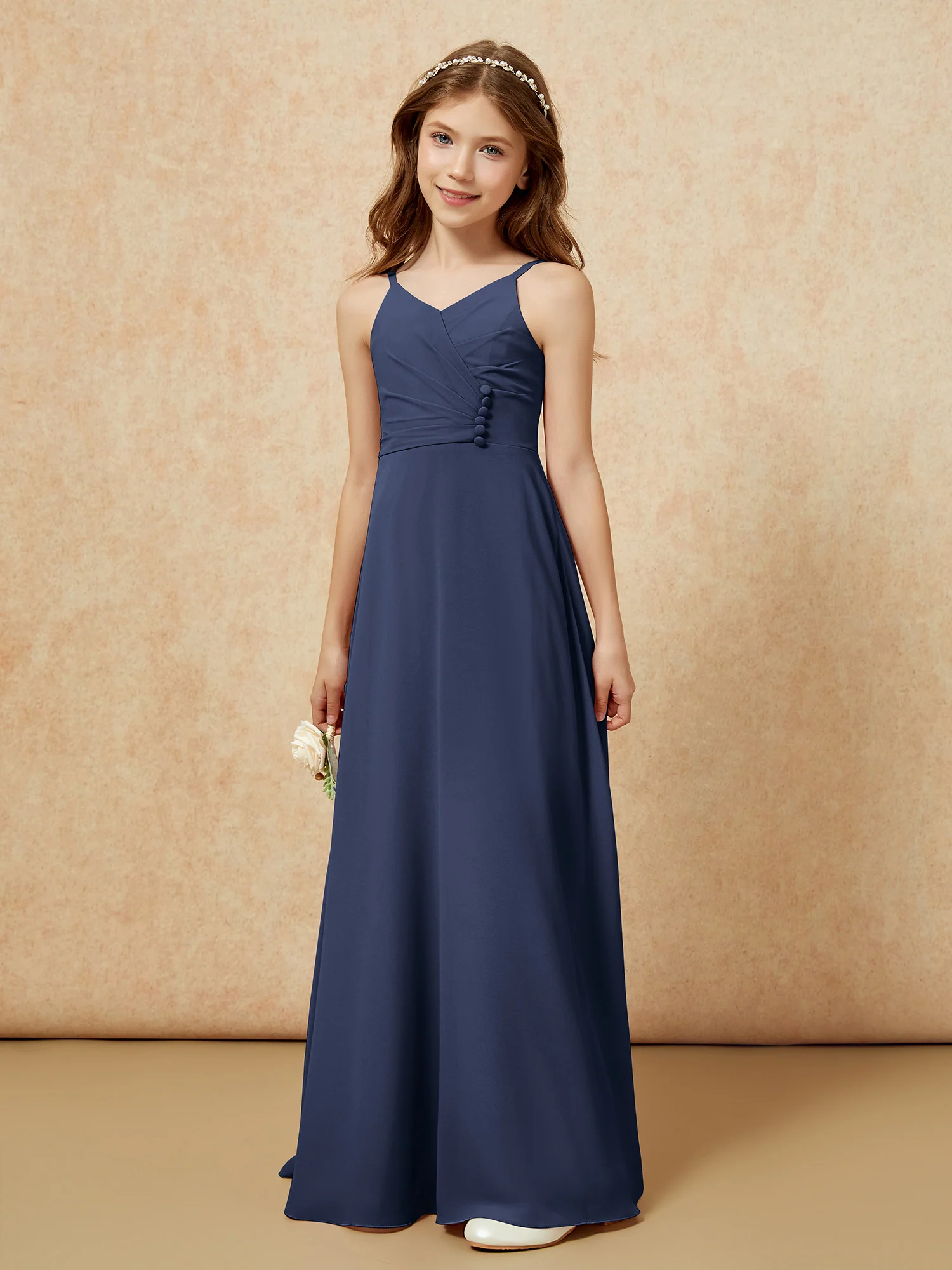 V-neck Pleated Chiffon Long Junior Bridesmaid Dresses Dark Navy