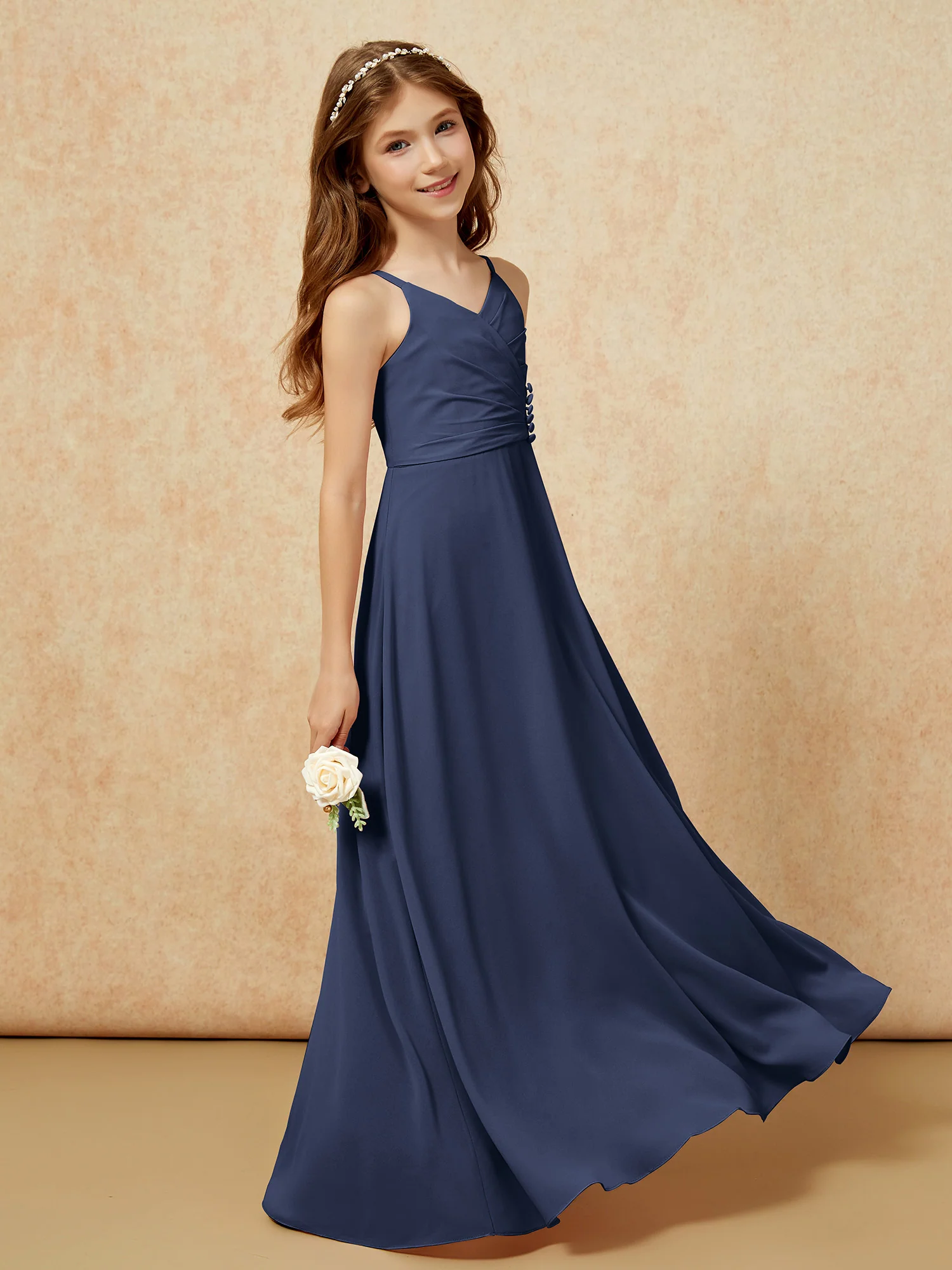 V-neck Pleated Chiffon Long Junior Bridesmaid Dresses Dark Navy - Image 3