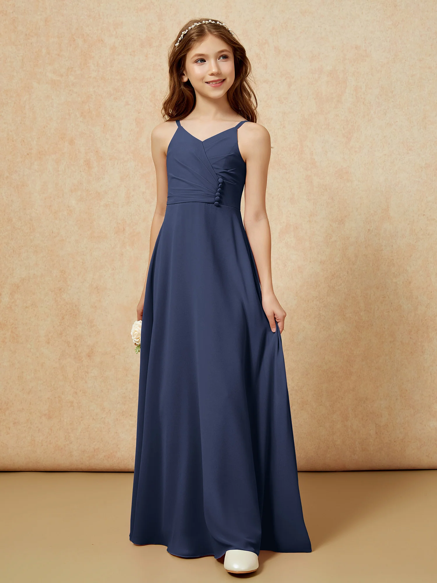 V-neck Pleated Chiffon Long Junior Bridesmaid Dresses Dark Navy - Image 5