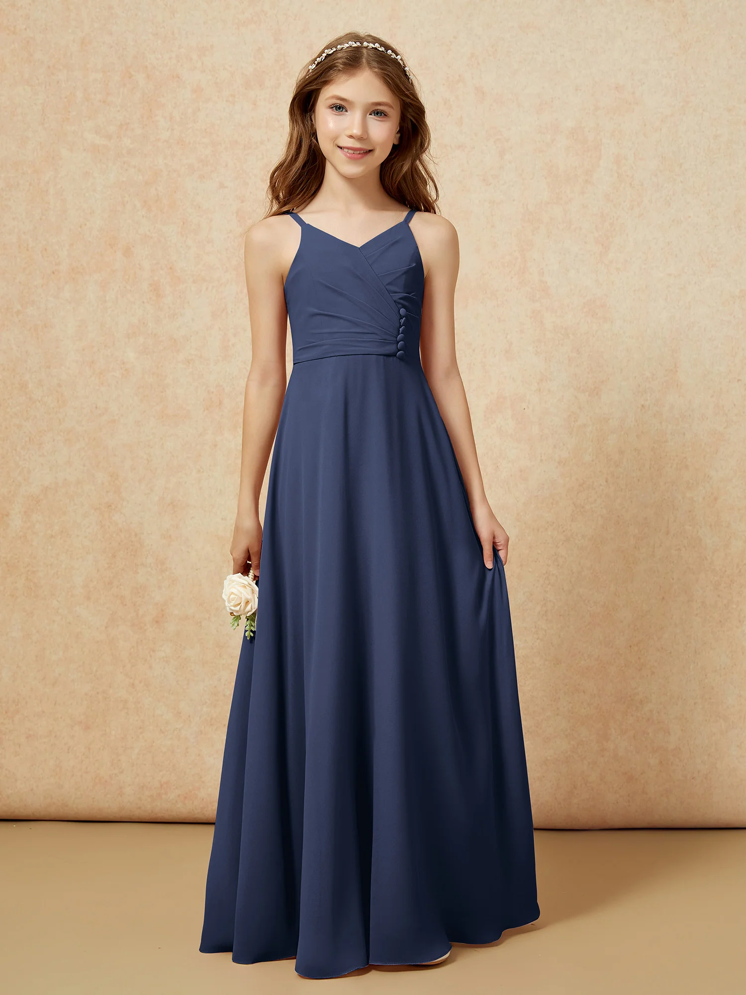 V-neck Pleated Chiffon Long Junior Bridesmaid Dresses Dark Navy - Image 6