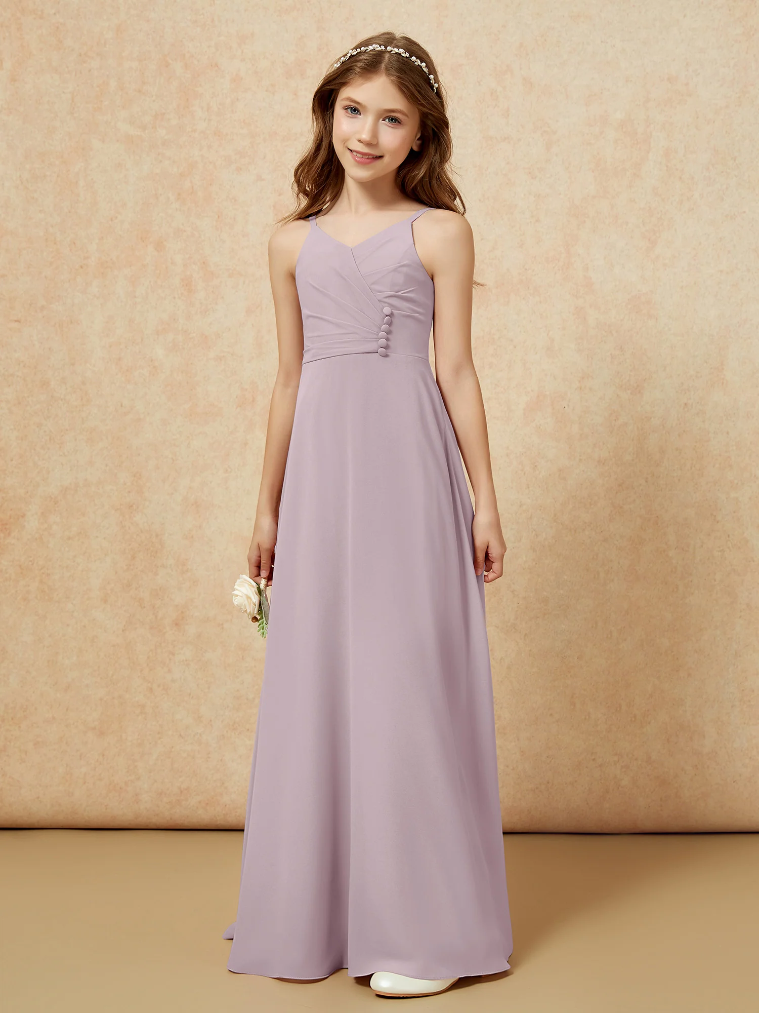 V-neck Pleated Chiffon Long Junior Bridesmaid Dresses Dusk