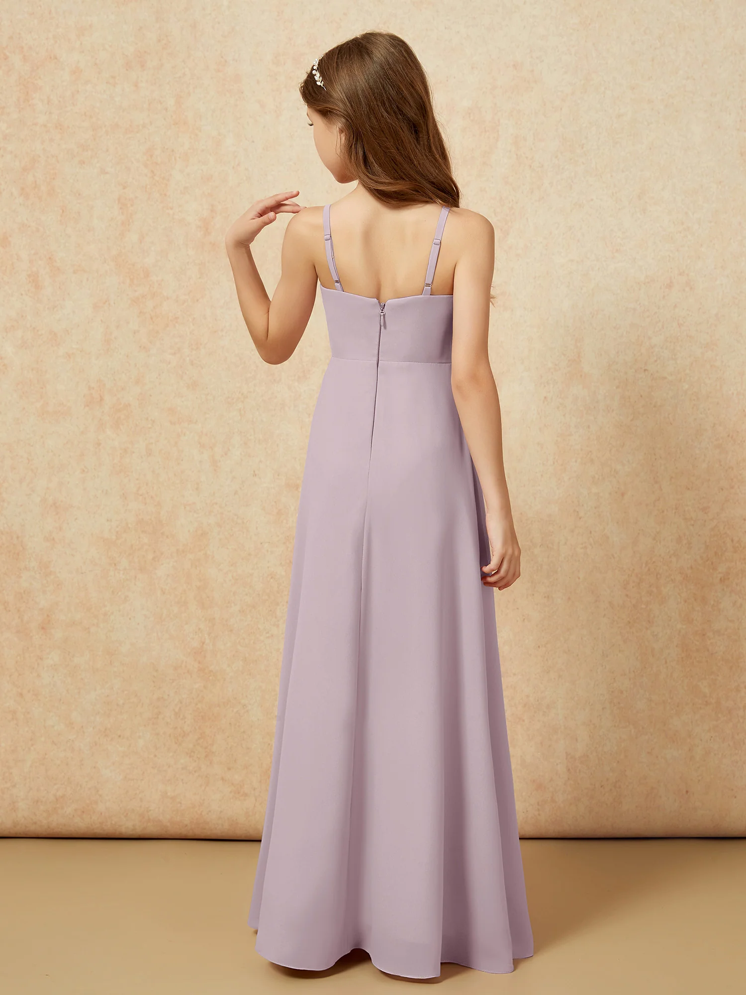V-neck Pleated Chiffon Long Junior Bridesmaid Dresses Dusk - Image 2