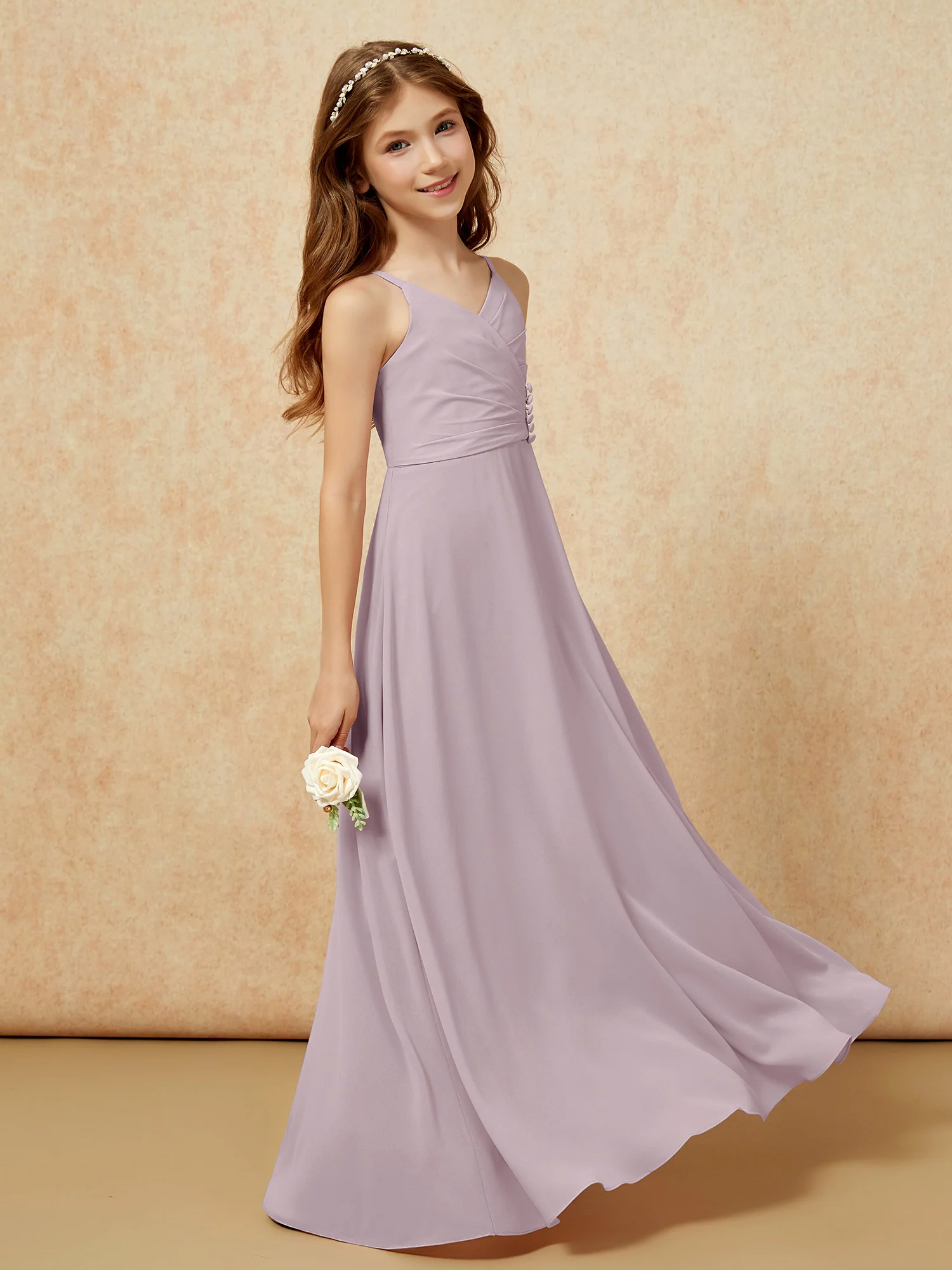 V-neck Pleated Chiffon Long Junior Bridesmaid Dresses Dusk - Image 3