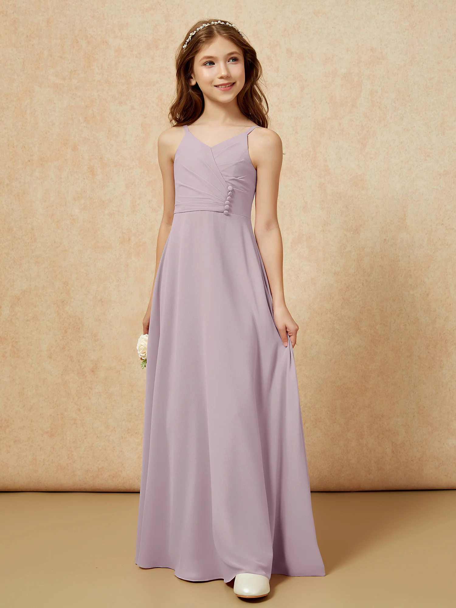 V-neck Pleated Chiffon Long Junior Bridesmaid Dresses Dusk - Image 5