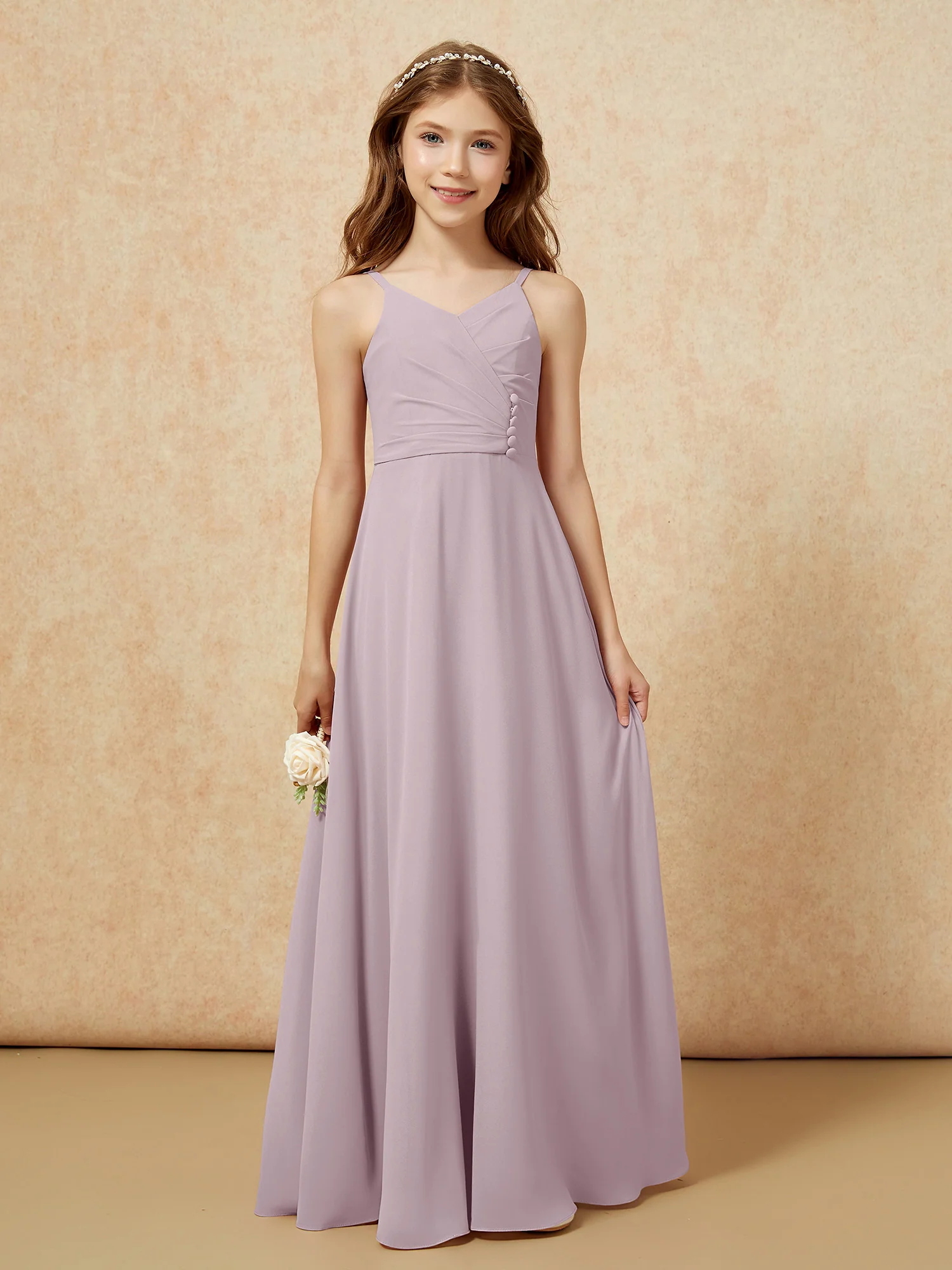 V-neck Pleated Chiffon Long Junior Bridesmaid Dresses Dusk - Image 6