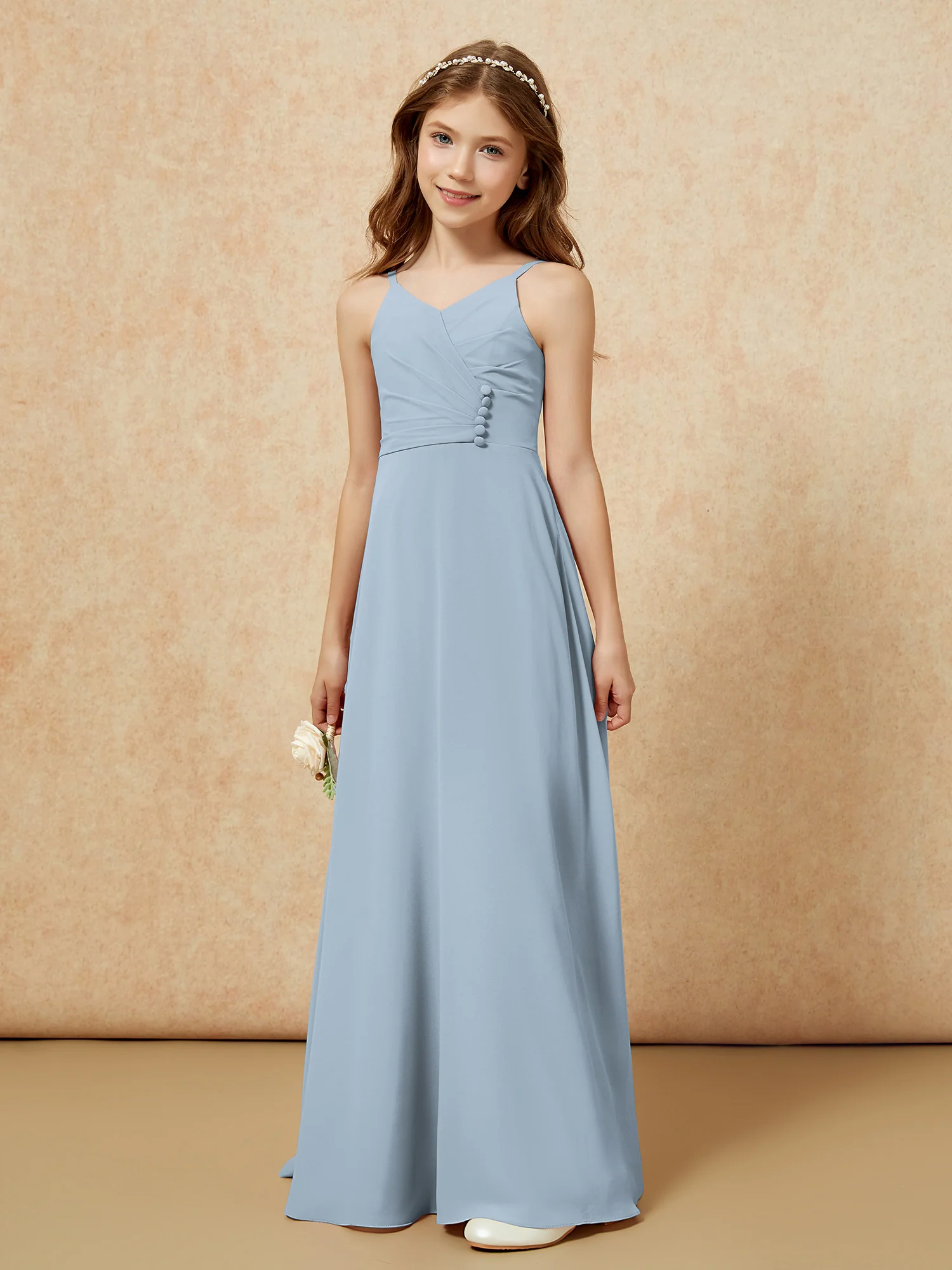 V-neck Pleated Chiffon Long Junior Bridesmaid Dresses Dusty Blue