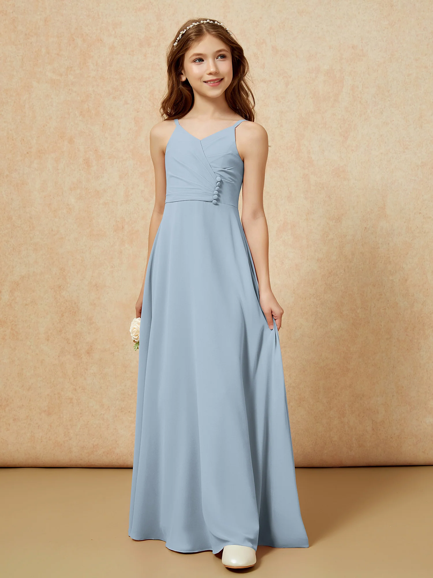 V-neck Pleated Chiffon Long Junior Bridesmaid Dresses Dusty Blue - Image 5
