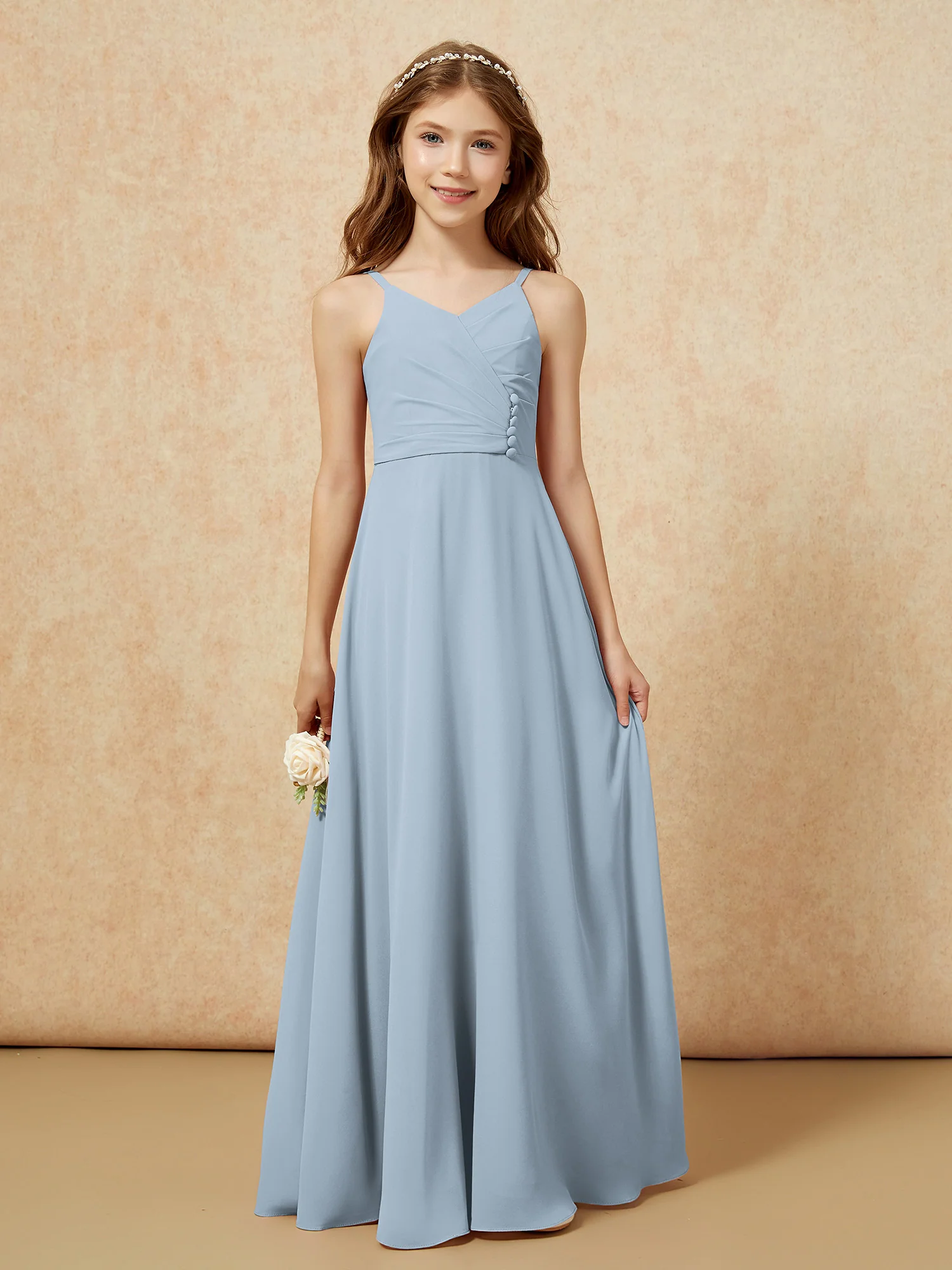 V-neck Pleated Chiffon Long Junior Bridesmaid Dresses Dusty Blue - Image 6