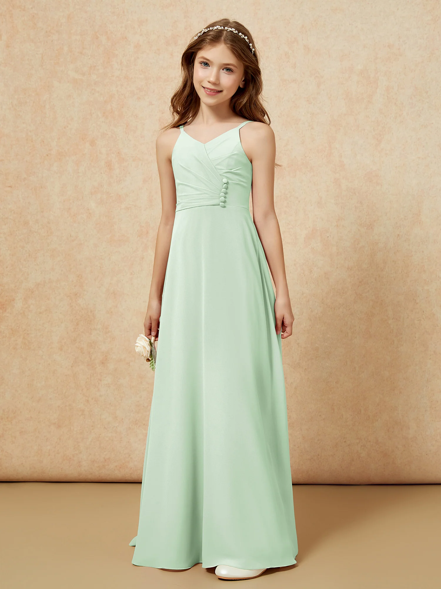 V-neck Pleated Chiffon Long Junior Bridesmaid Dresses Dusty Sage