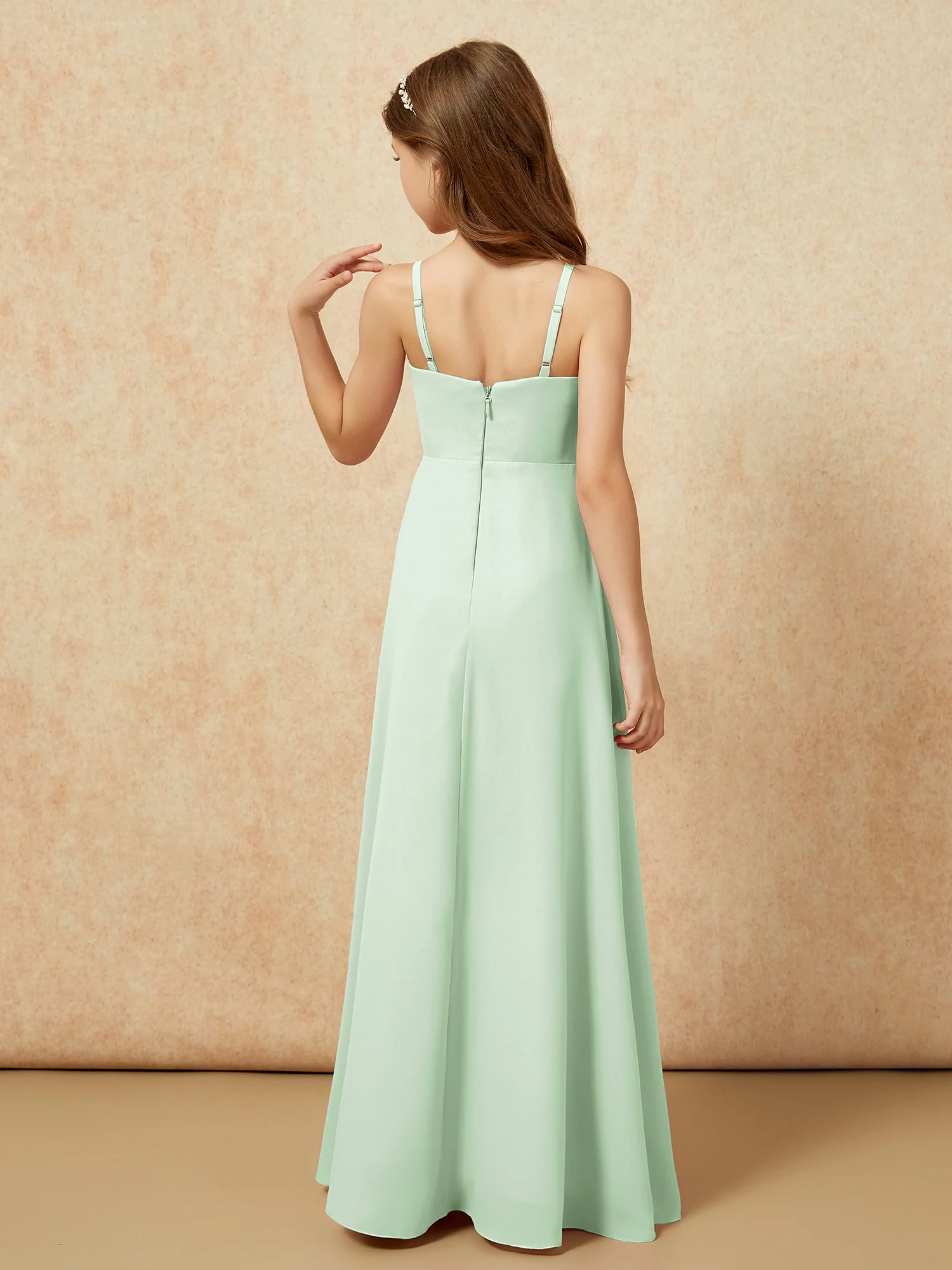 V-neck Pleated Chiffon Long Junior Bridesmaid Dresses Dusty Sage - Image 2