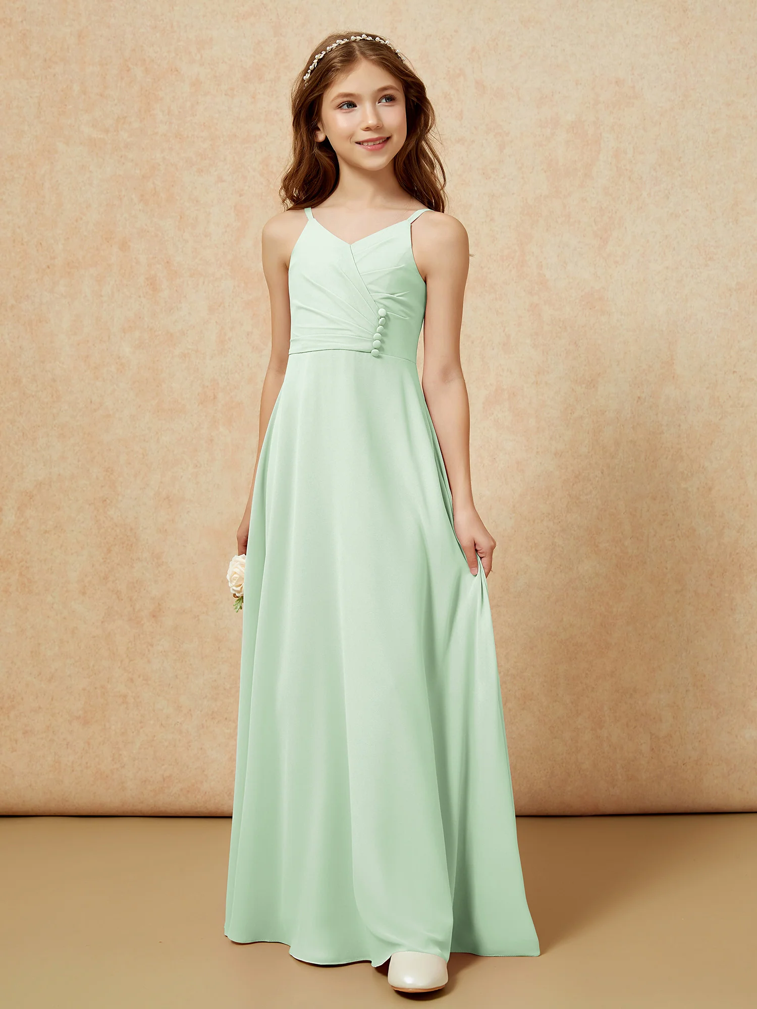 V-neck Pleated Chiffon Long Junior Bridesmaid Dresses Dusty Sage - Image 5