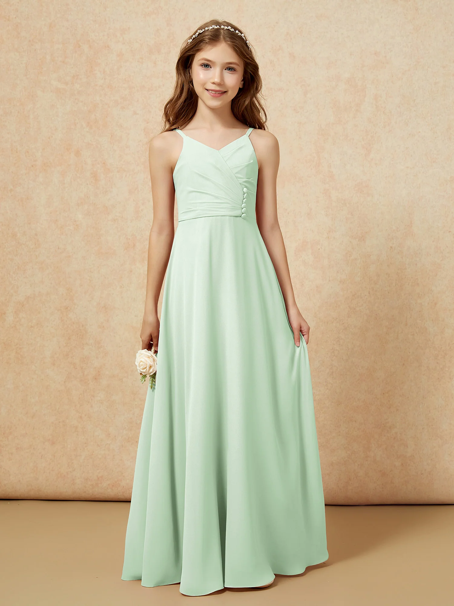 V-neck Pleated Chiffon Long Junior Bridesmaid Dresses Dusty Sage - Image 6