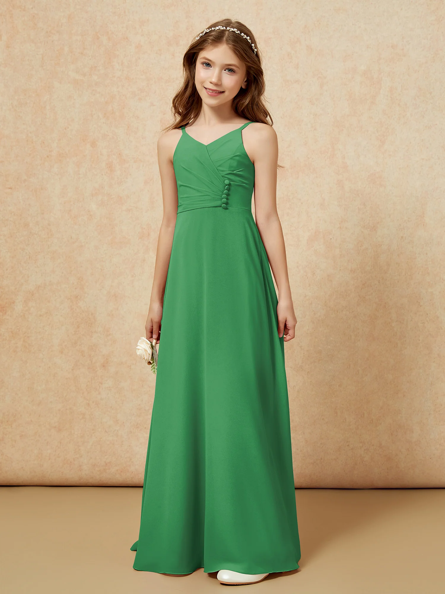 V-neck Pleated Chiffon Long Junior Bridesmaid Dresses Emerald