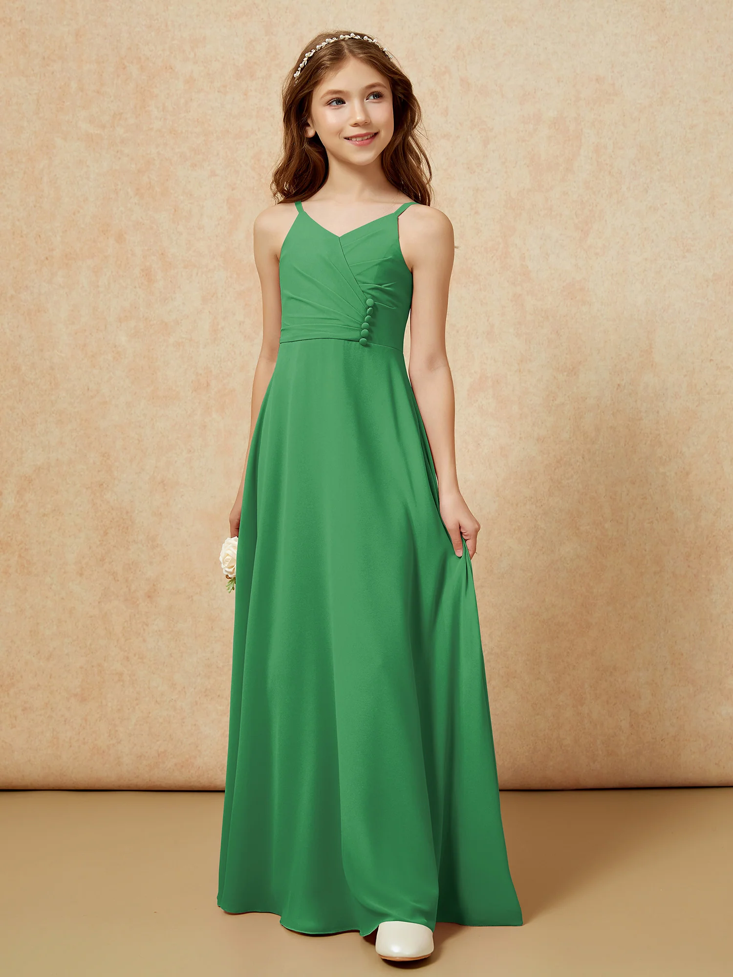 V-neck Pleated Chiffon Long Junior Bridesmaid Dresses Emerald - Image 5
