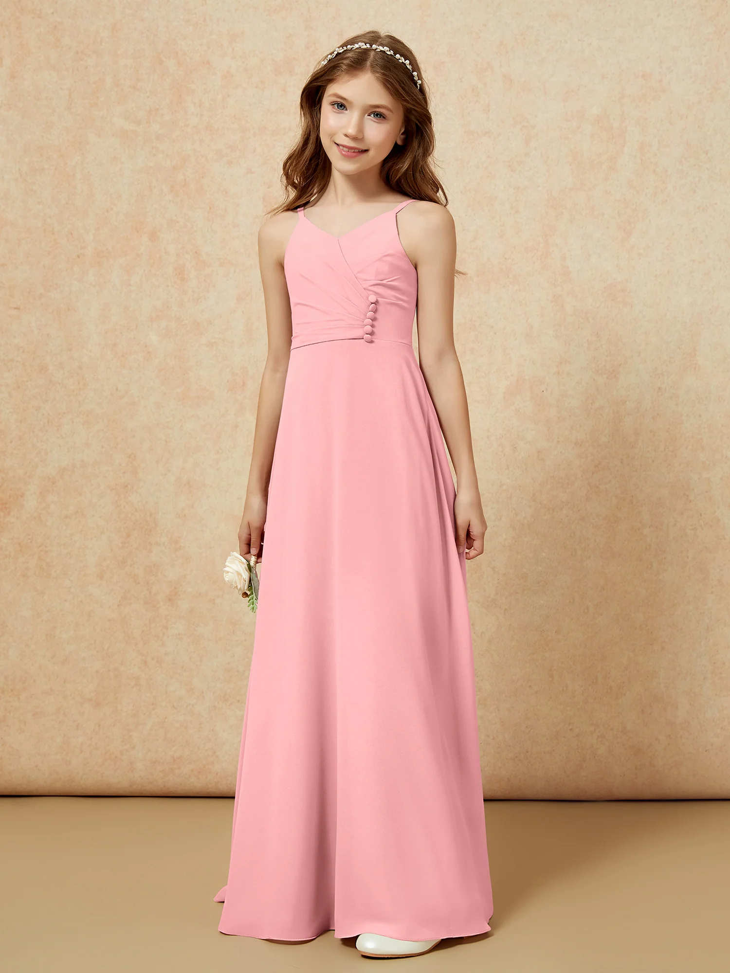 V-neck Pleated Chiffon Long Junior Bridesmaid Dresses Flamingo