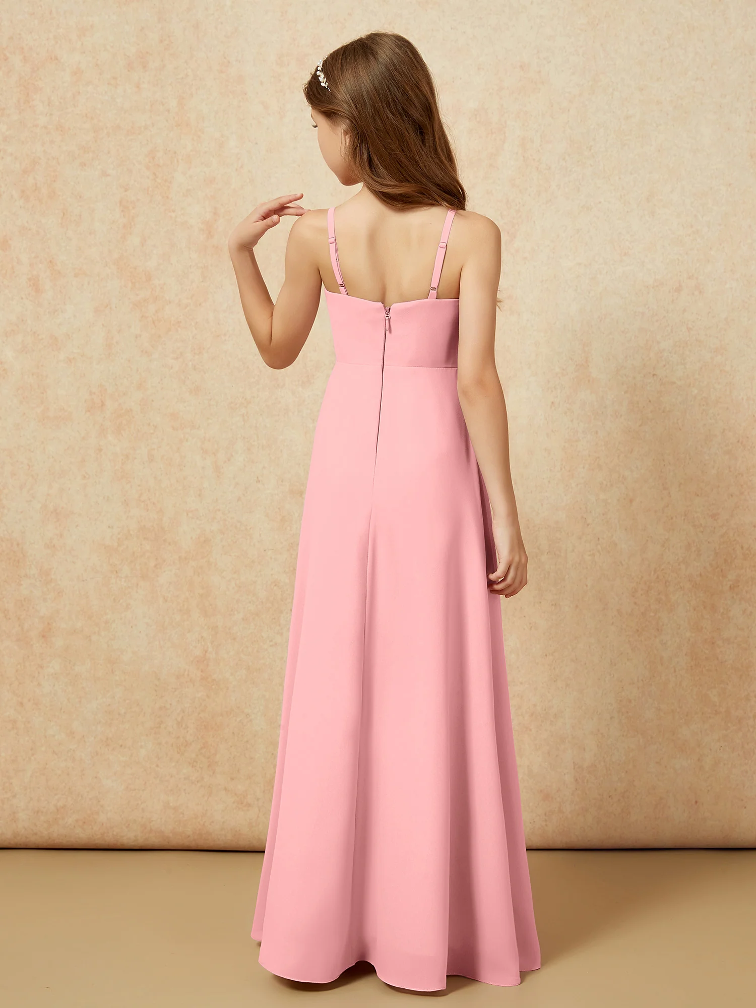 V-neck Pleated Chiffon Long Junior Bridesmaid Dresses Flamingo - Image 2