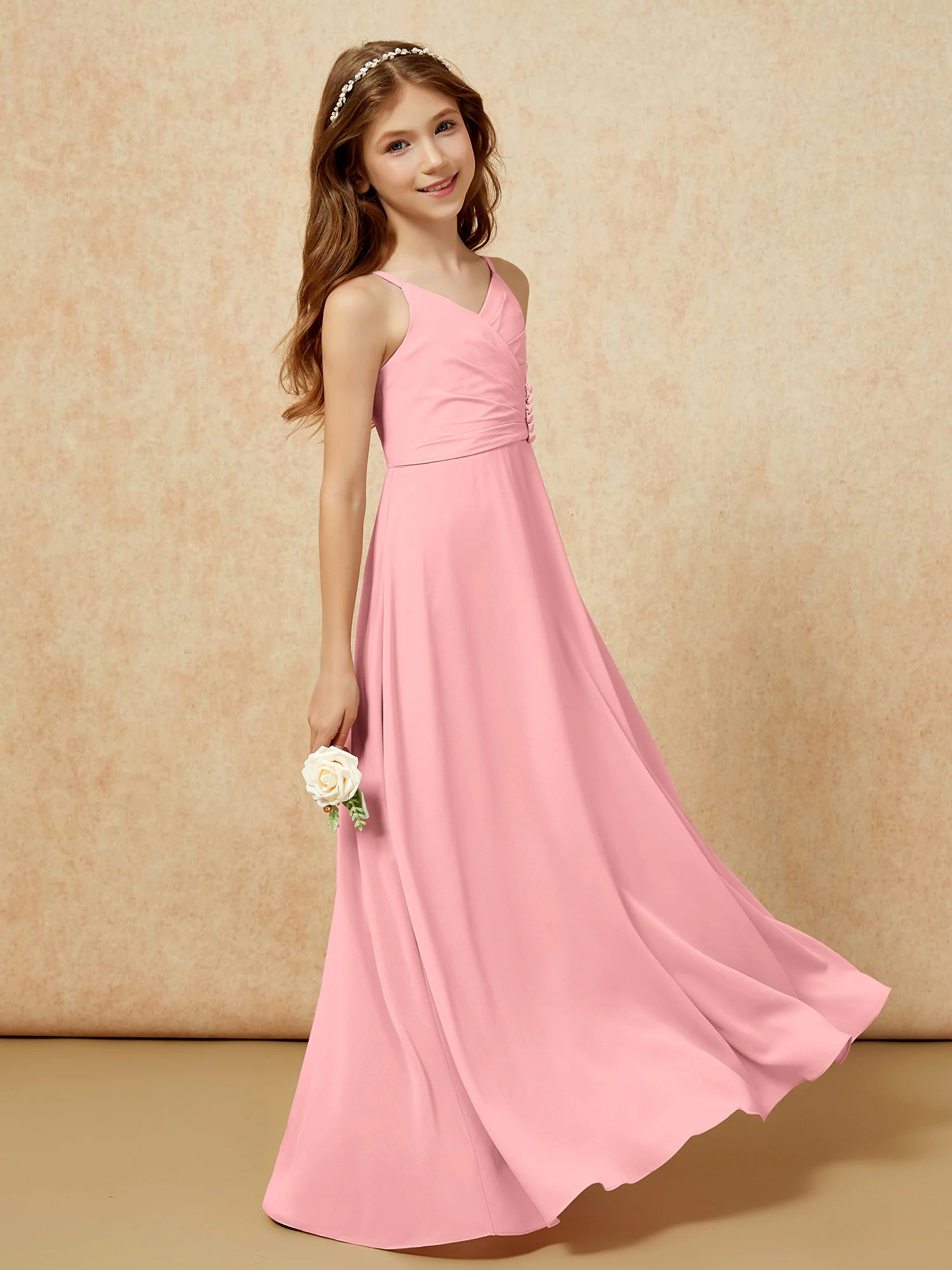 V-neck Pleated Chiffon Long Junior Bridesmaid Dresses Flamingo - Image 3