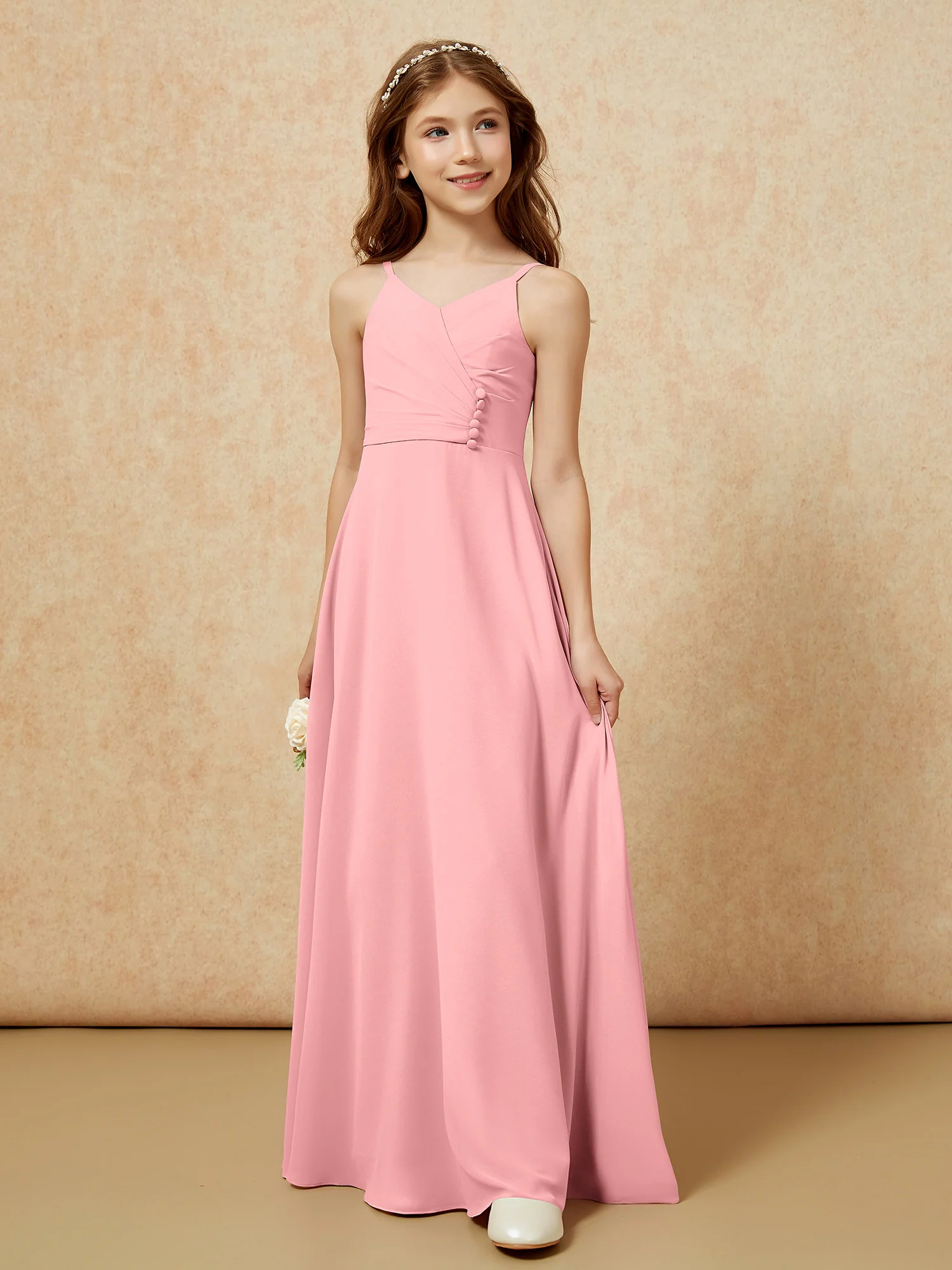 V-neck Pleated Chiffon Long Junior Bridesmaid Dresses Flamingo - Image 5