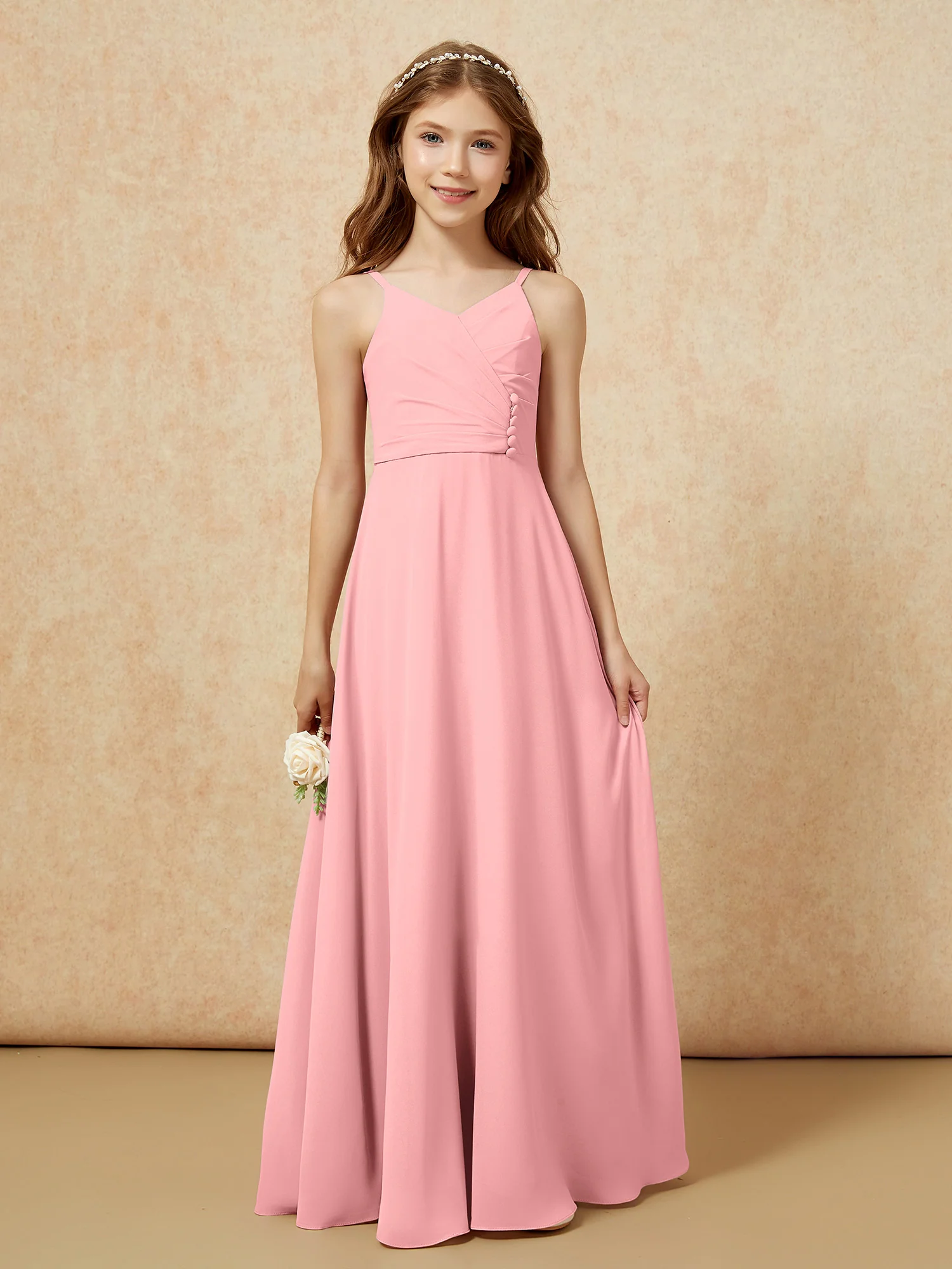 V-neck Pleated Chiffon Long Junior Bridesmaid Dresses Flamingo - Image 6