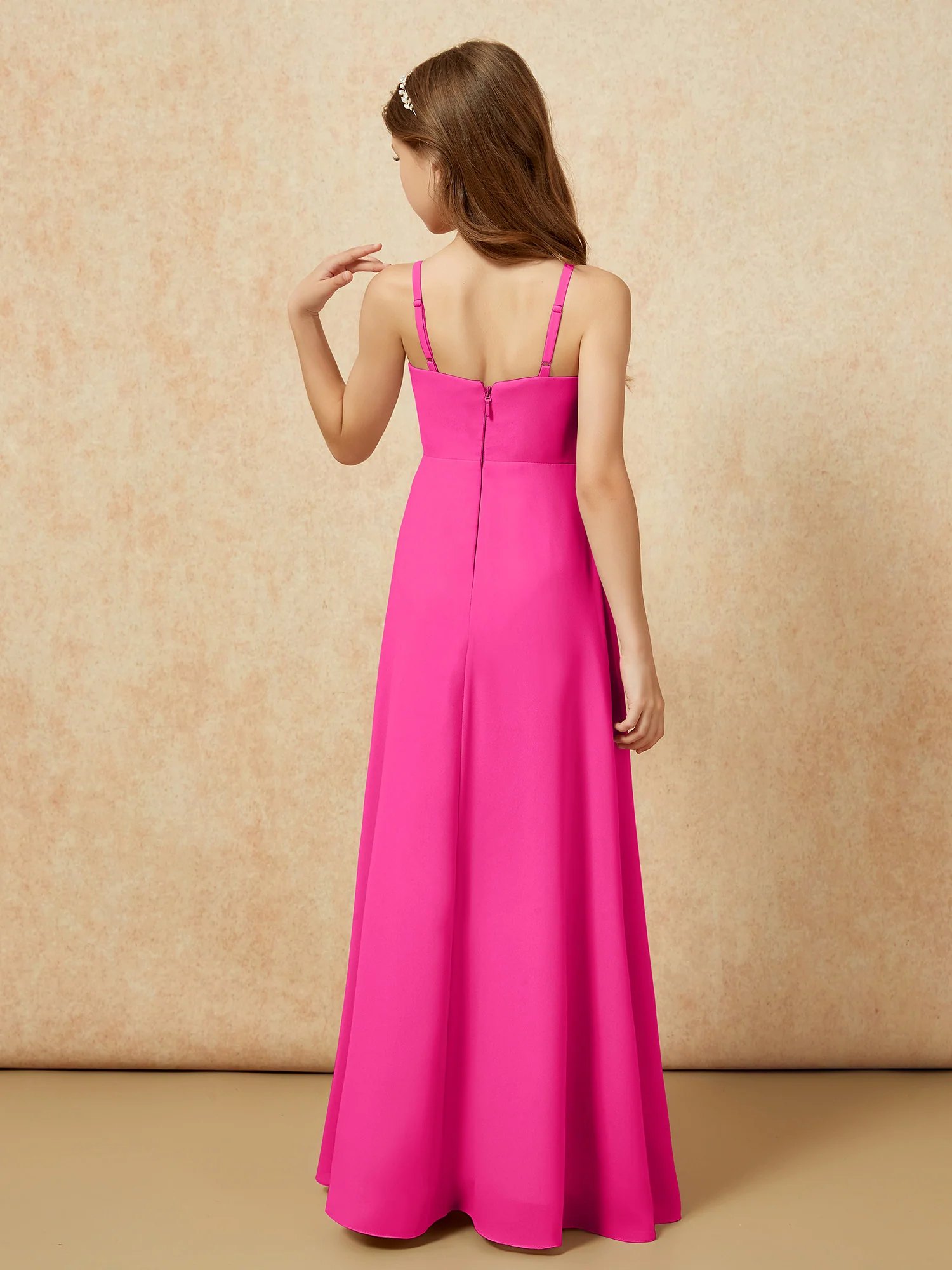 V-neck Pleated Chiffon Long Junior Bridesmaid Dresses Fuchsia - Image 2