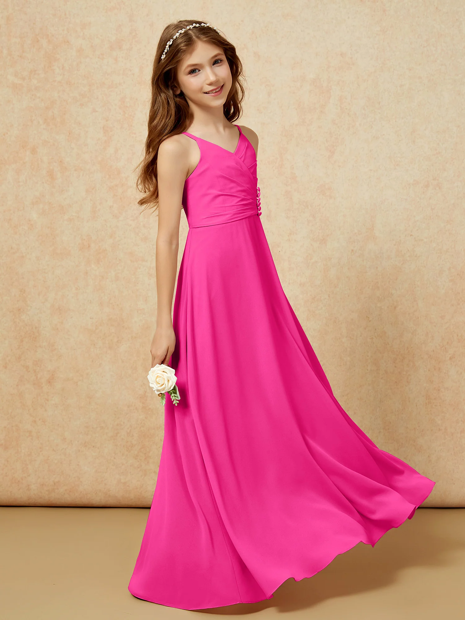 V-neck Pleated Chiffon Long Junior Bridesmaid Dresses Fuchsia - Image 3