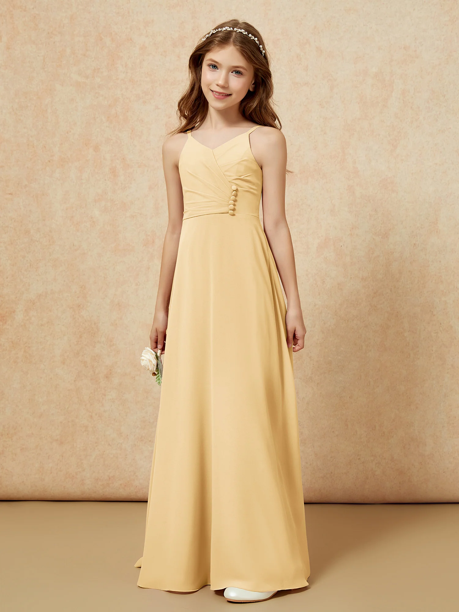 V-neck Pleated Chiffon Long Junior Bridesmaid Dresses Gold