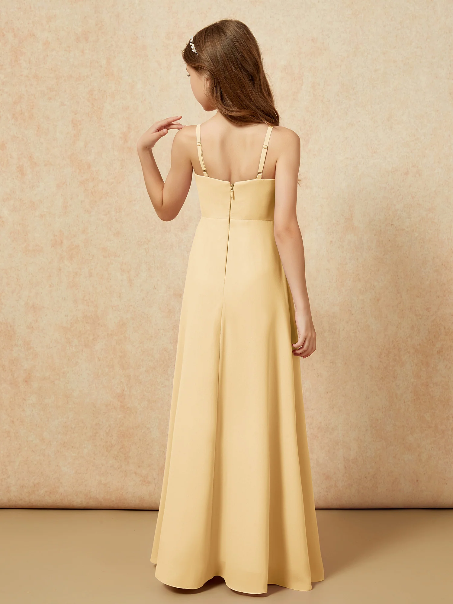 V-neck Pleated Chiffon Long Junior Bridesmaid Dresses Gold - Image 2