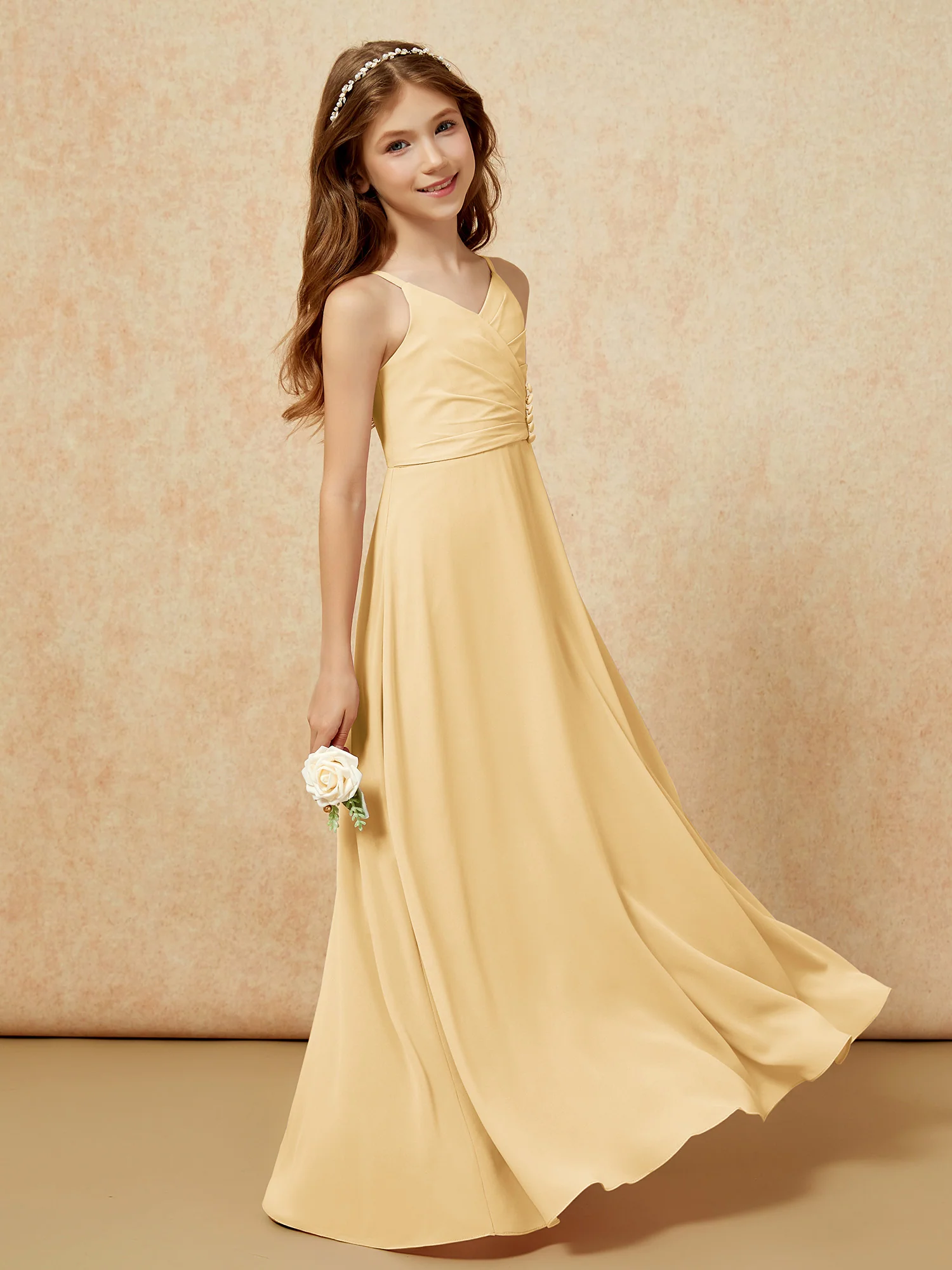 V-neck Pleated Chiffon Long Junior Bridesmaid Dresses Gold - Image 3