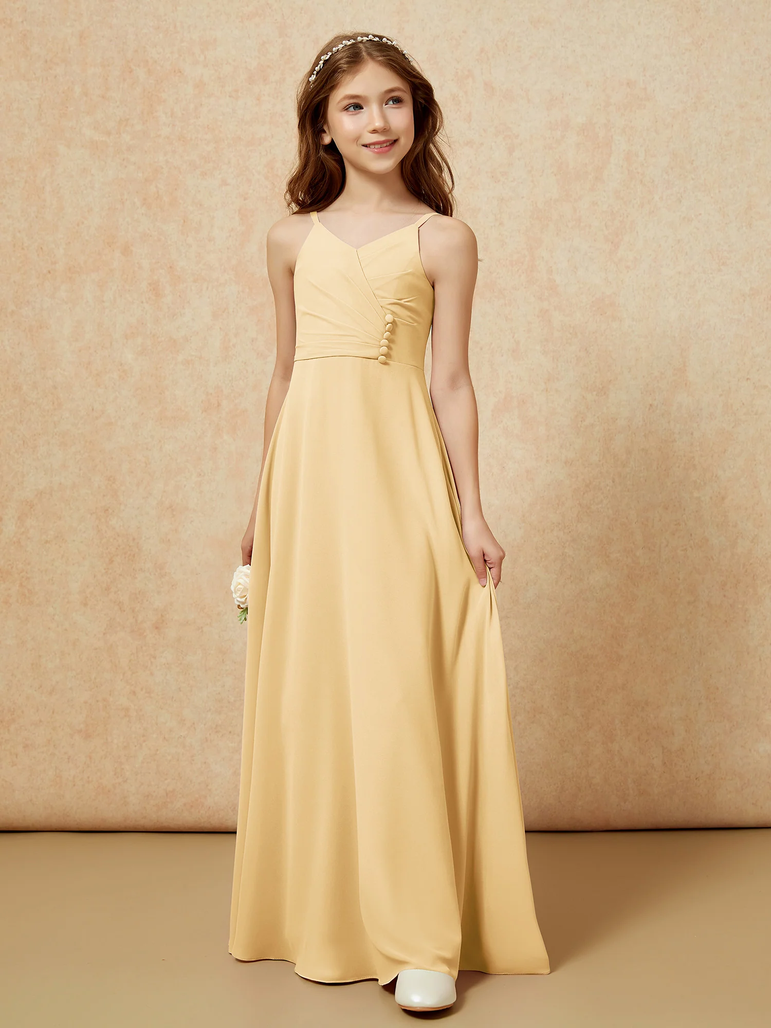 V-neck Pleated Chiffon Long Junior Bridesmaid Dresses Gold - Image 5