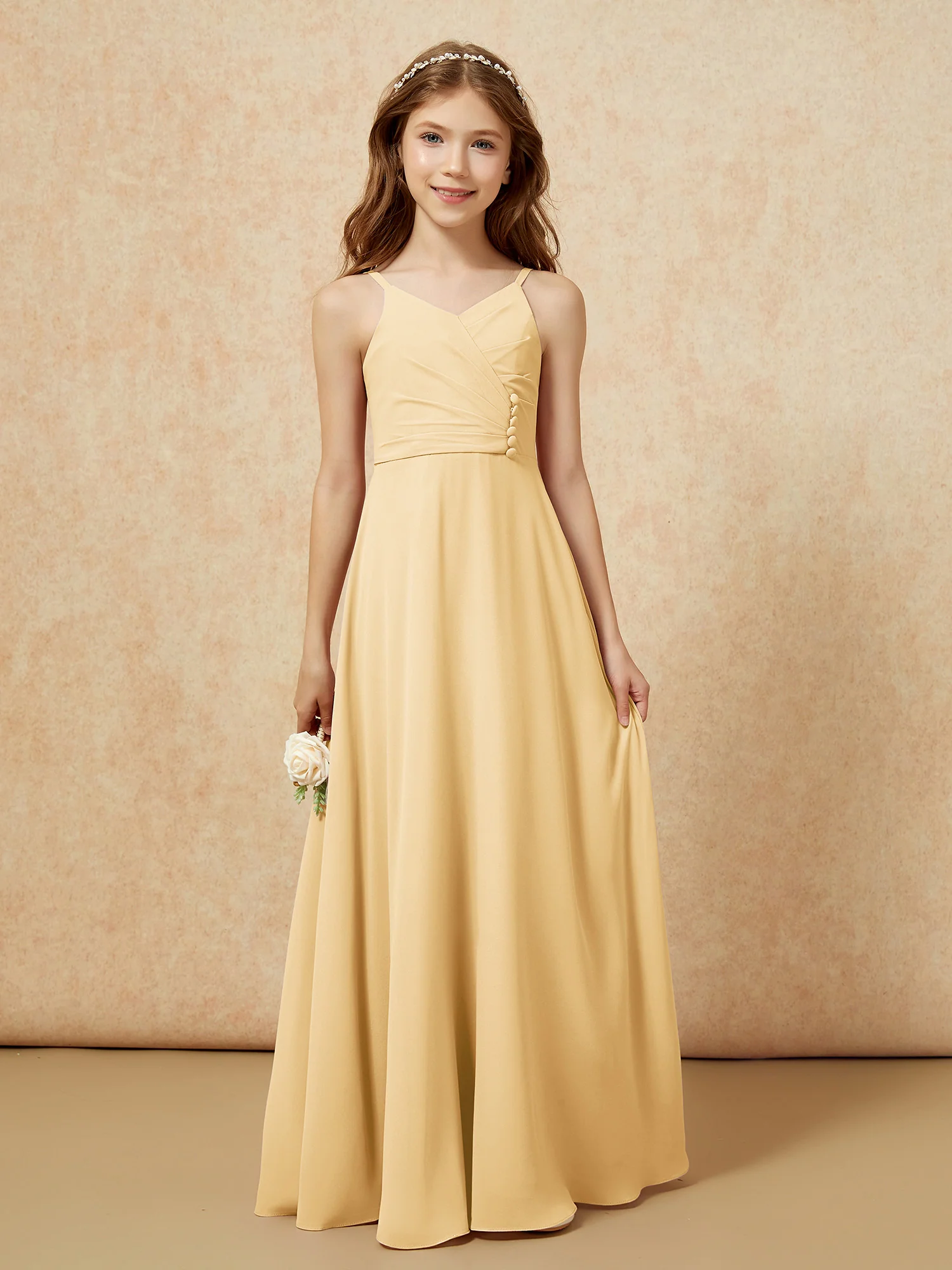 V-neck Pleated Chiffon Long Junior Bridesmaid Dresses Gold - Image 6