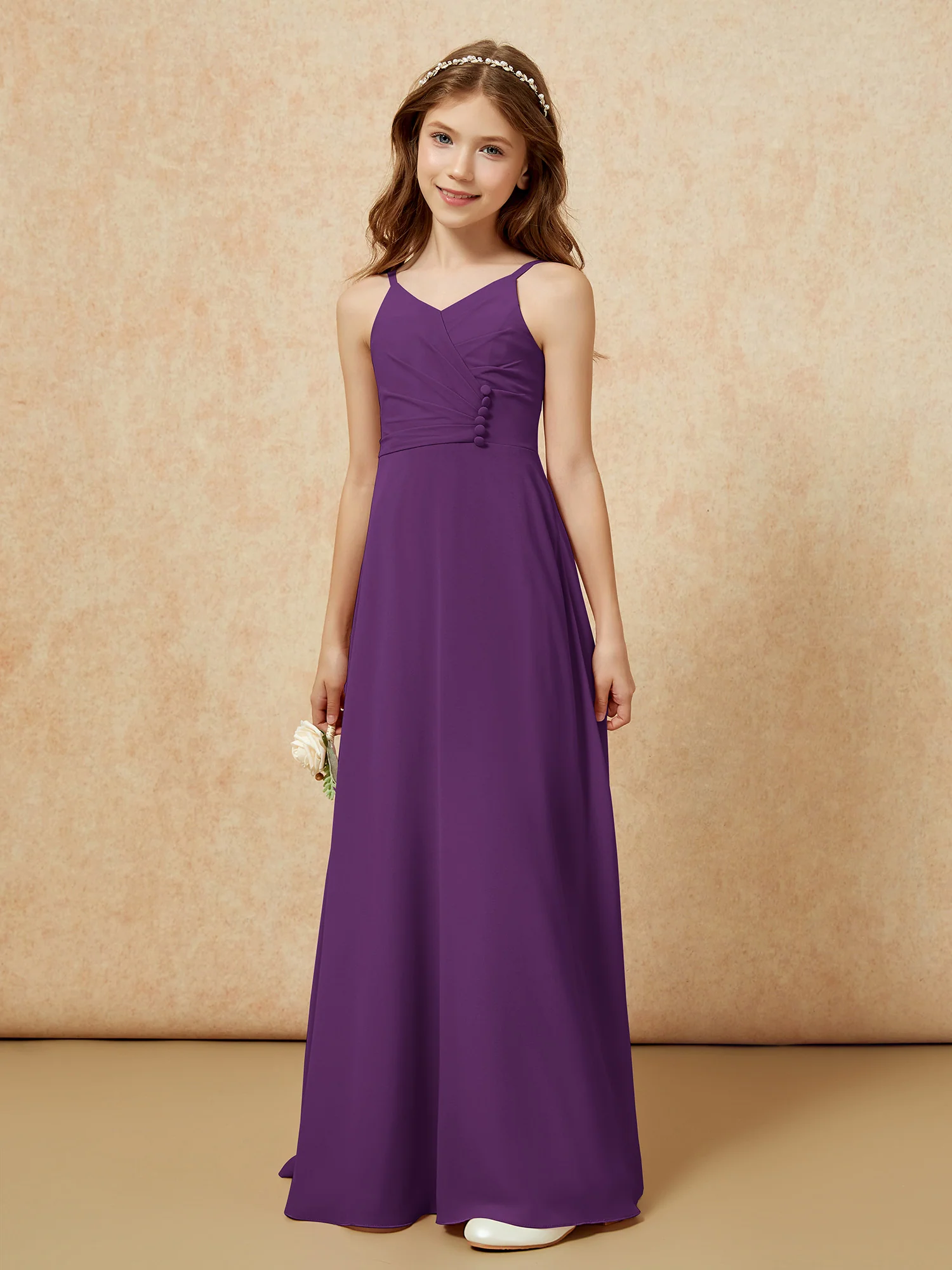 V-neck Pleated Chiffon Long Junior Bridesmaid Dresses Grape