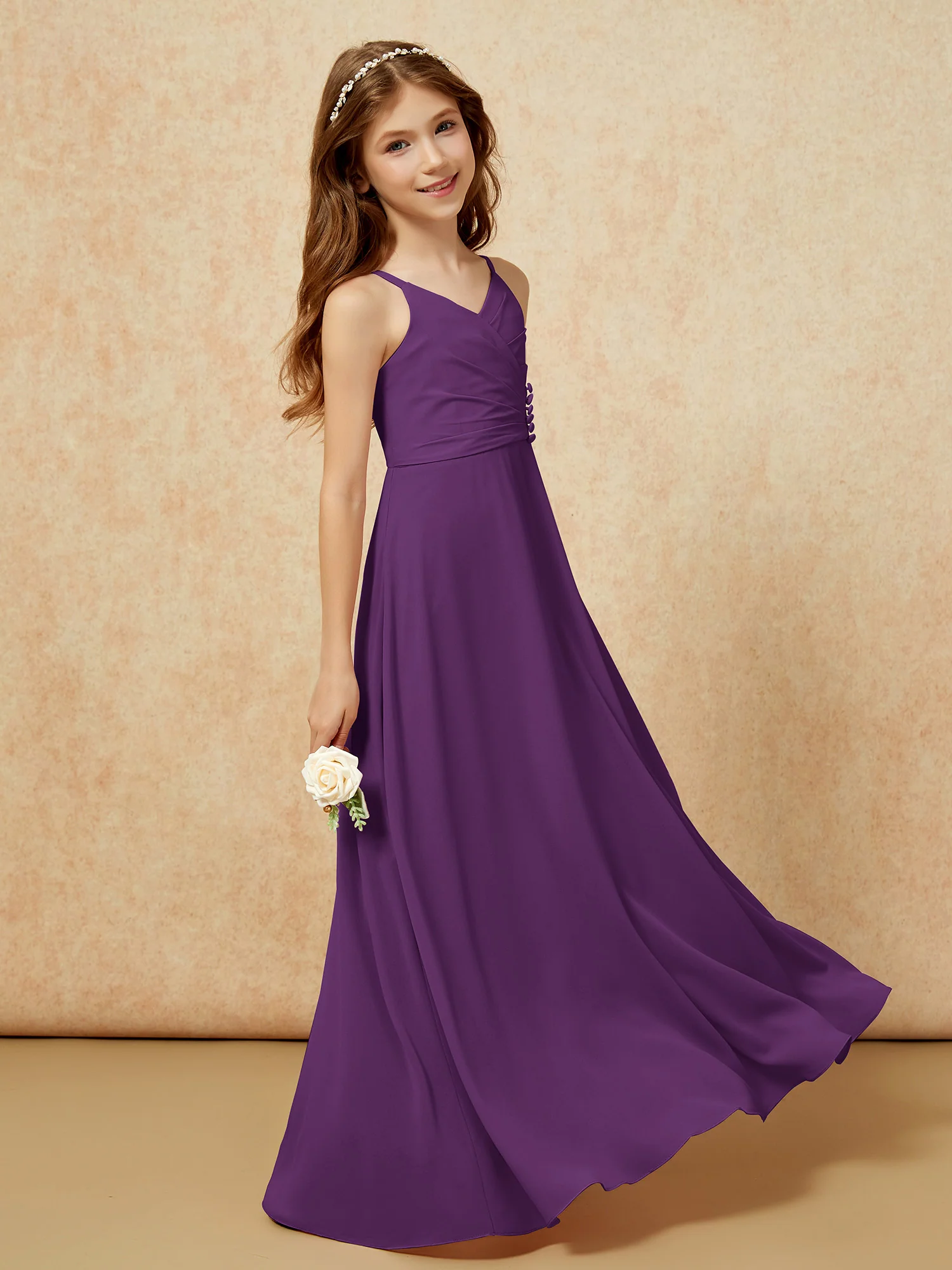 V-neck Pleated Chiffon Long Junior Bridesmaid Dresses Grape - Image 3