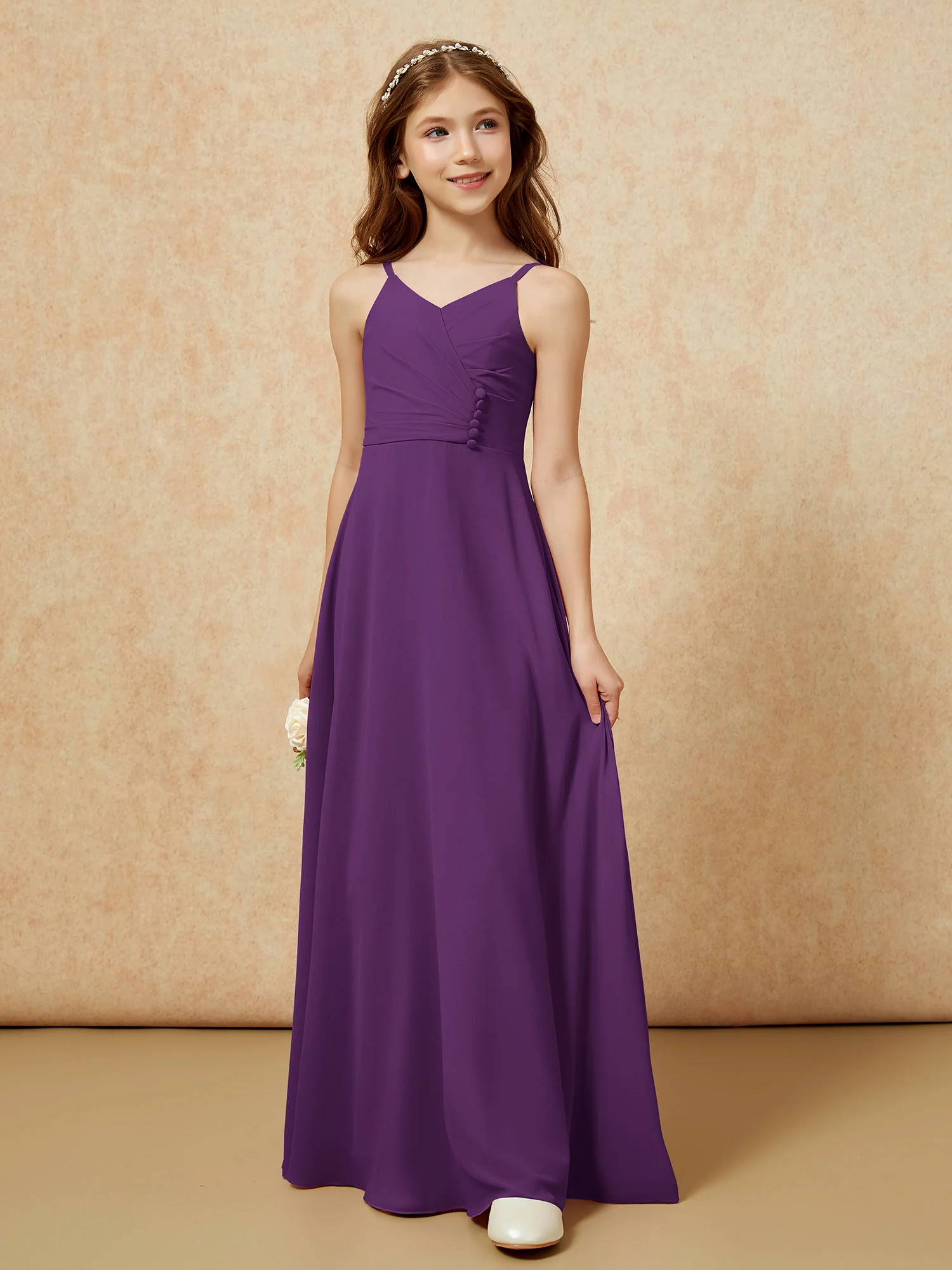 V-neck Pleated Chiffon Long Junior Bridesmaid Dresses Grape - Image 5