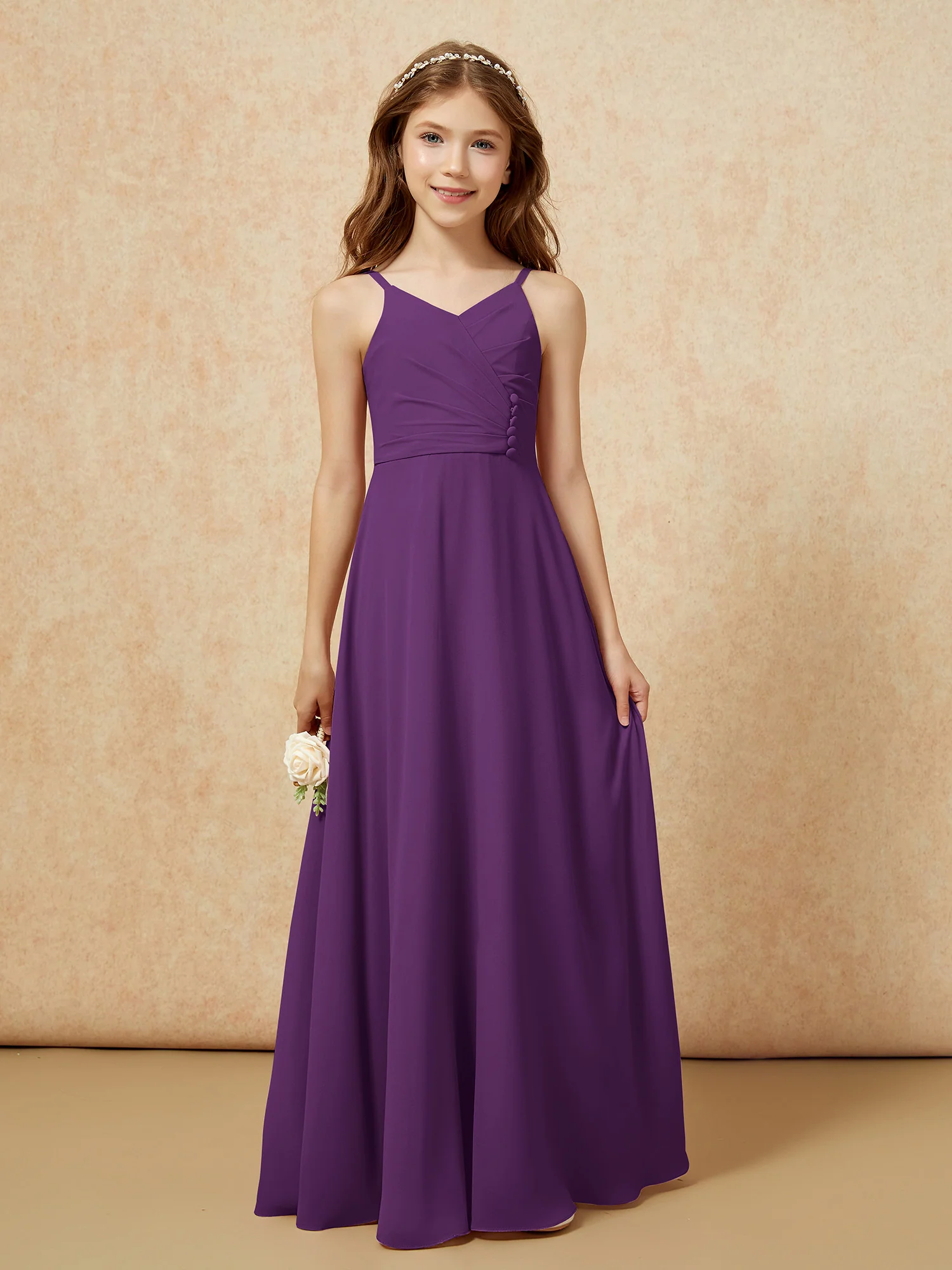 V-neck Pleated Chiffon Long Junior Bridesmaid Dresses Grape - Image 6