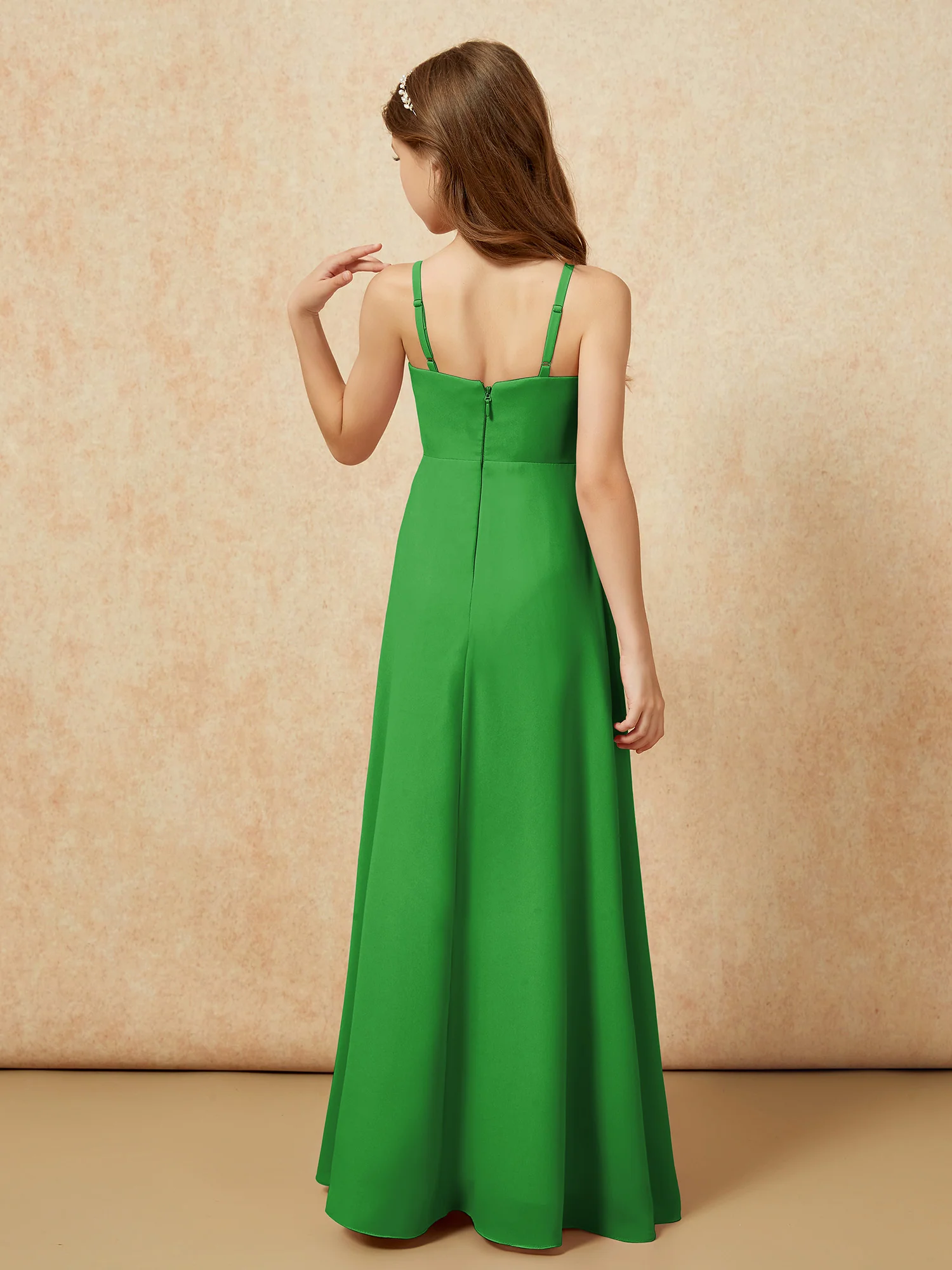 V-neck Pleated Chiffon Long Junior Bridesmaid Dresses Green - Image 2