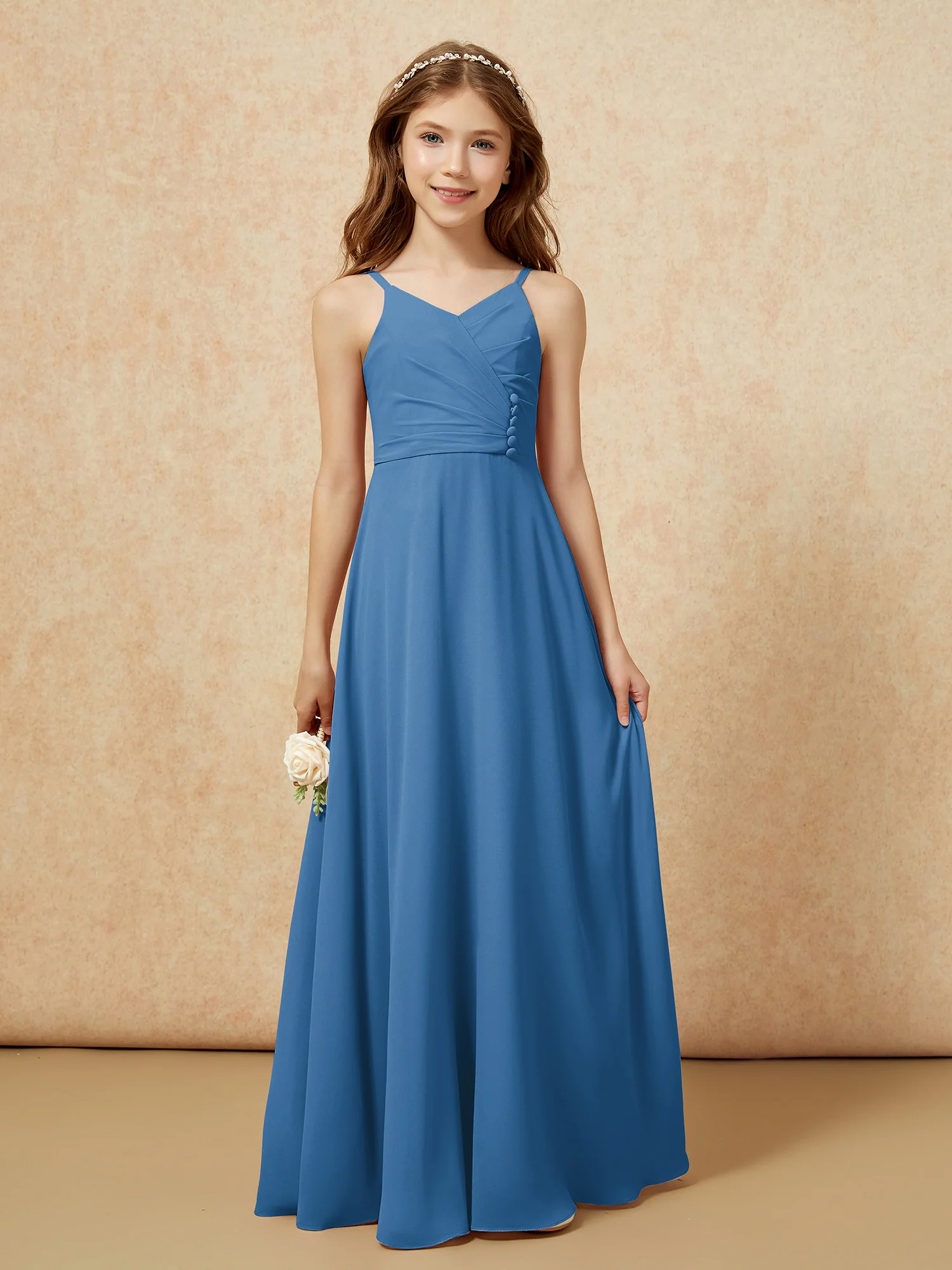 V-neck Pleated Chiffon Long Junior Bridesmaid Dresses Ink Blue - Image 6