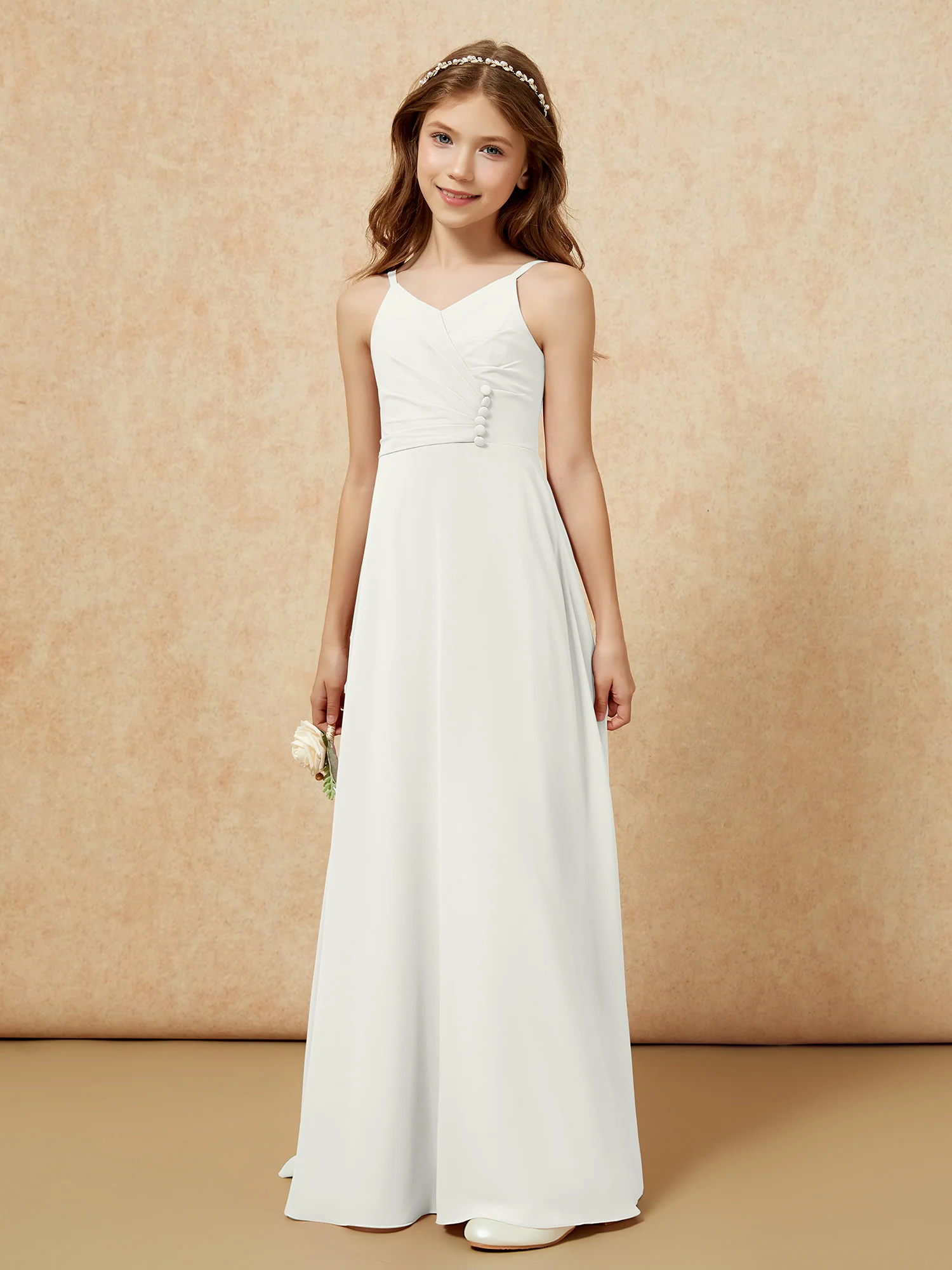 V-neck Pleated Chiffon Long Junior Bridesmaid Dresses Ivory