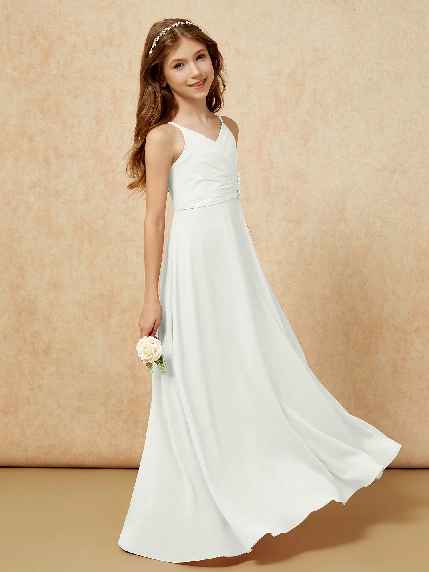 V-neck Pleated Chiffon Long Junior Bridesmaid Dresses Ivory - Image 3