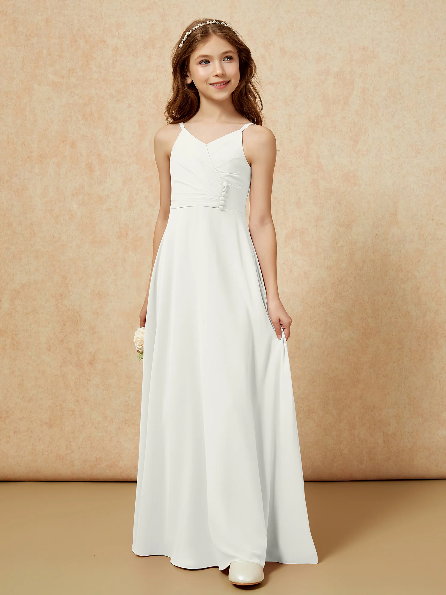 V-neck Pleated Chiffon Long Junior Bridesmaid Dresses Ivory - Image 5