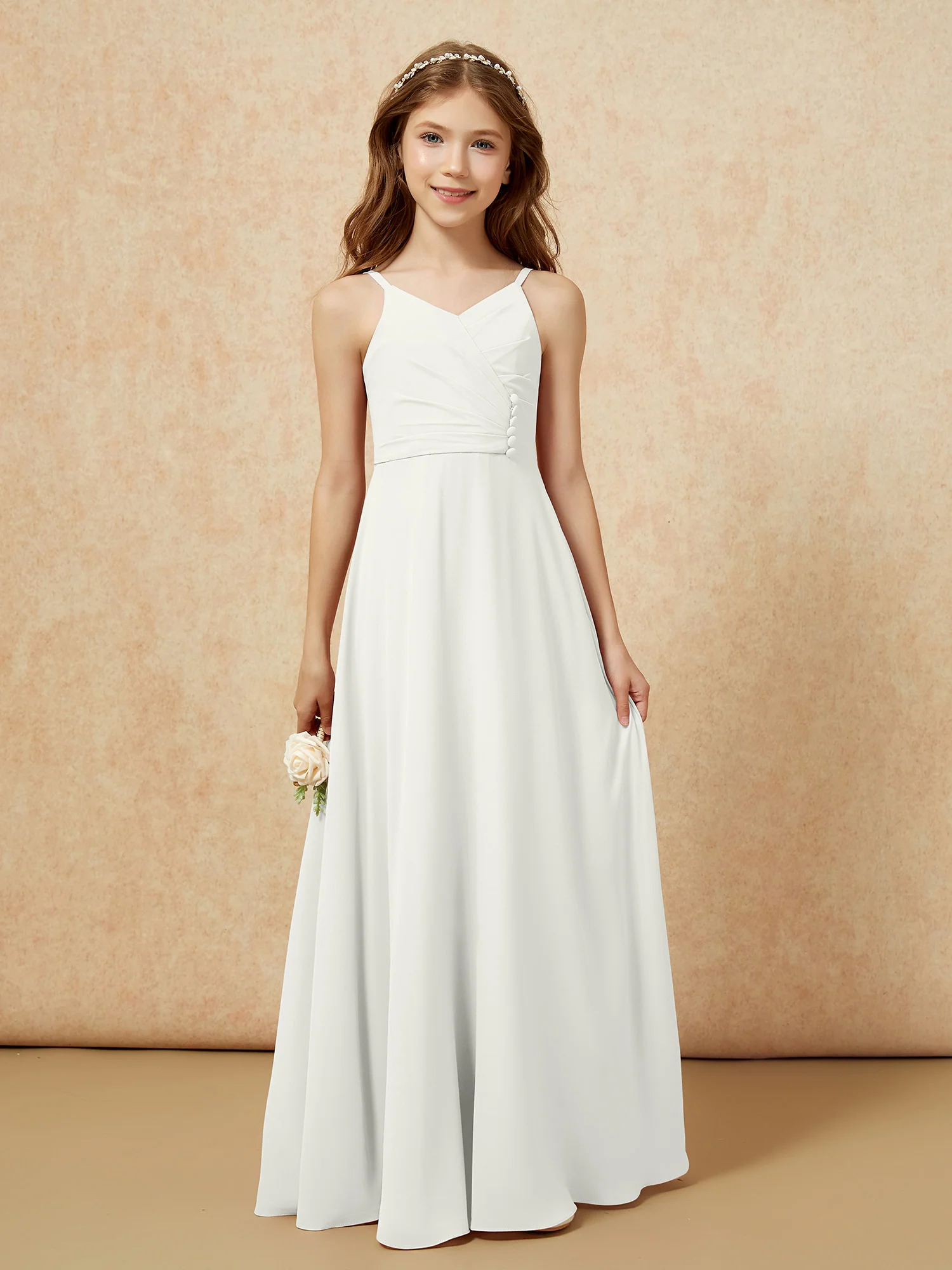 V-neck Pleated Chiffon Long Junior Bridesmaid Dresses Ivory - Image 6