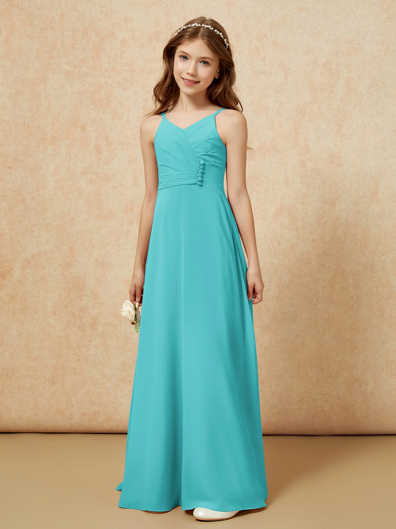 V-neck Pleated Chiffon Long Junior Bridesmaid Dresses Jade