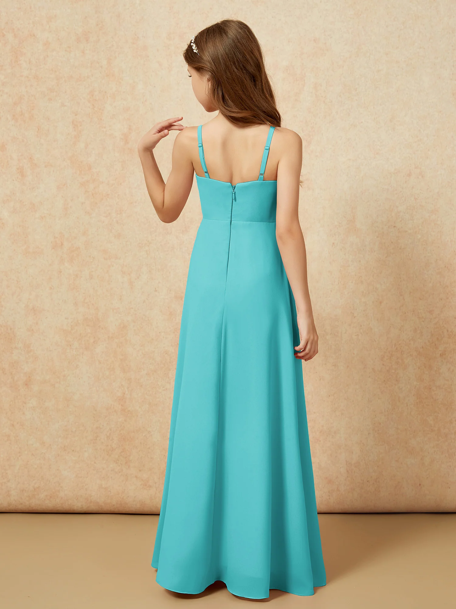 V-neck Pleated Chiffon Long Junior Bridesmaid Dresses Jade - Image 2
