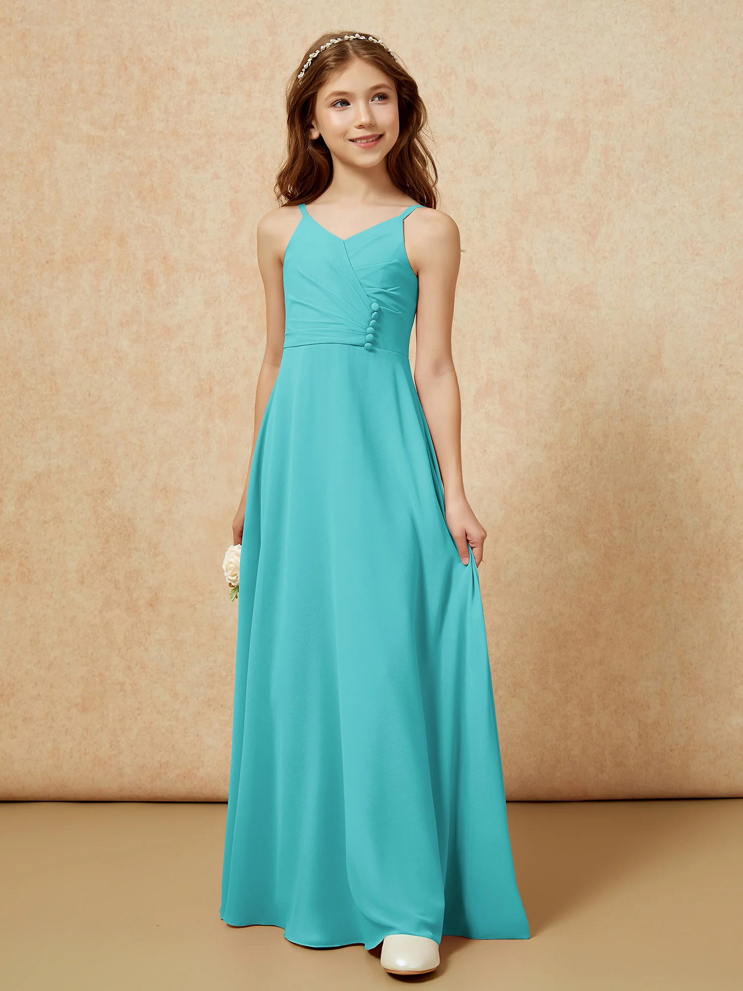 V-neck Pleated Chiffon Long Junior Bridesmaid Dresses Jade - Image 5