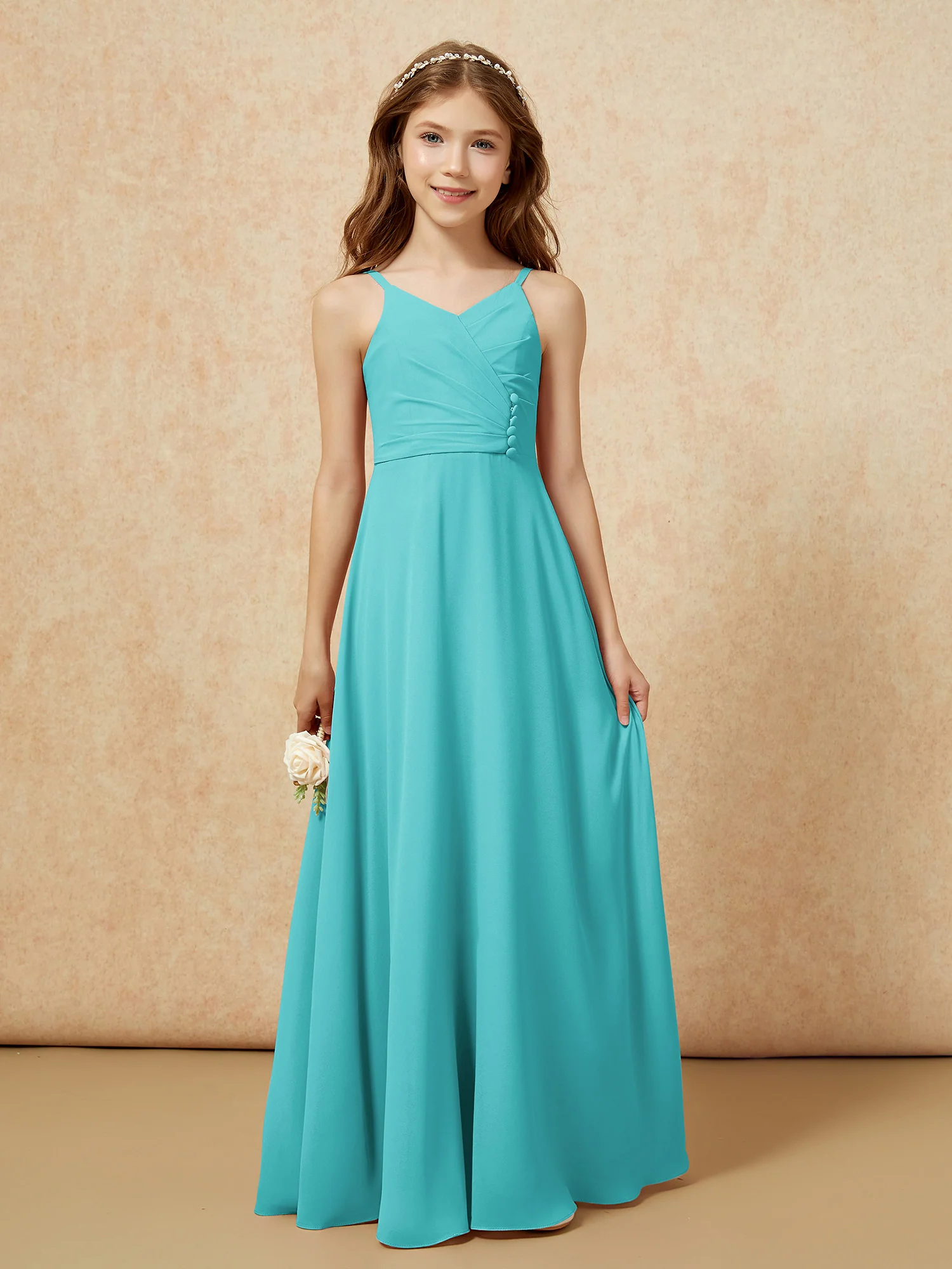 V-neck Pleated Chiffon Long Junior Bridesmaid Dresses Jade - Image 6