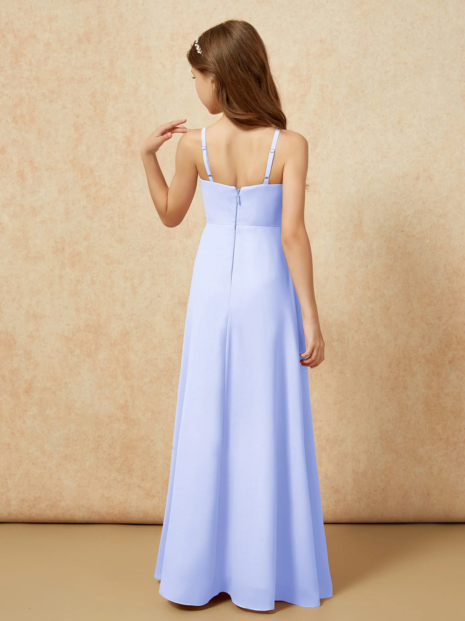V-neck Pleated Chiffon Long Junior Bridesmaid Dresses Lavender - Image 2