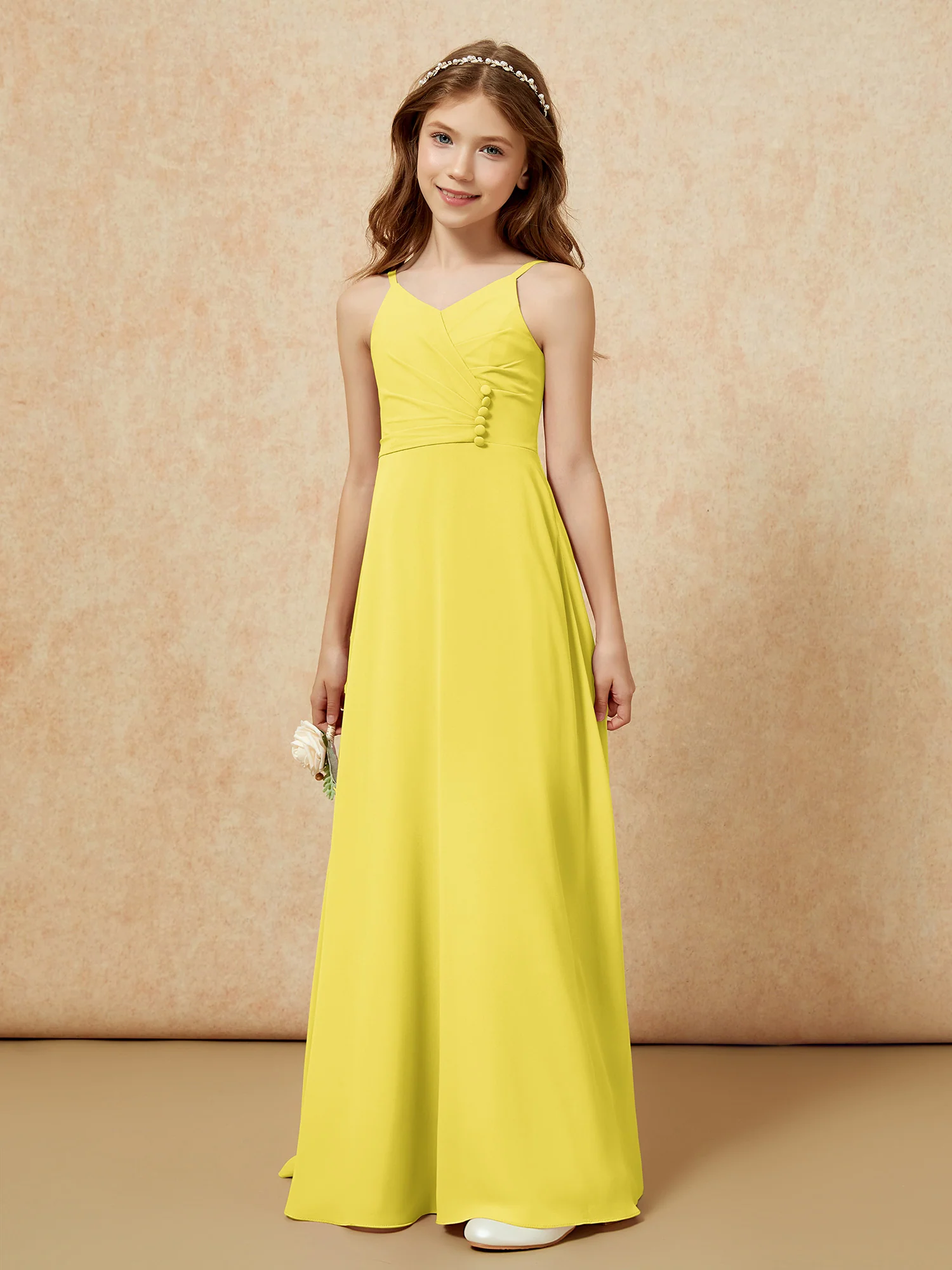 V-neck Pleated Chiffon Long Junior Bridesmaid Dresses Lemon