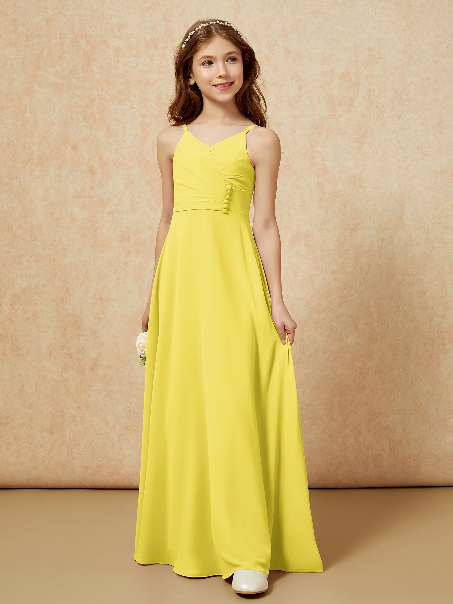 V-neck Pleated Chiffon Long Junior Bridesmaid Dresses Lemon - Image 5
