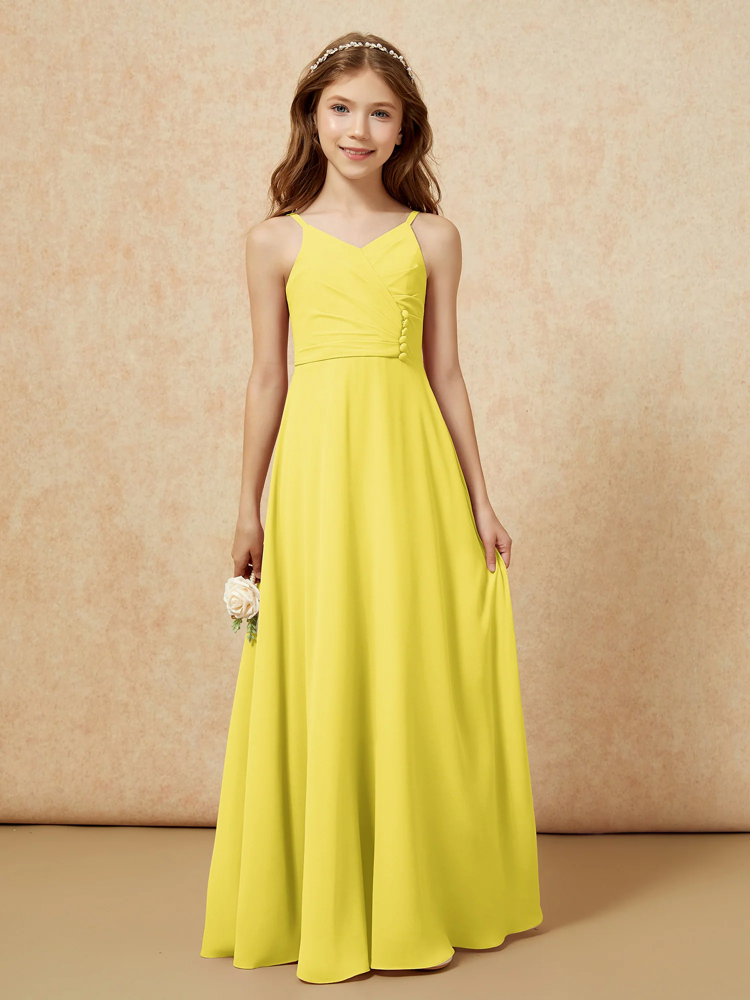 V-neck Pleated Chiffon Long Junior Bridesmaid Dresses Lemon - Image 6