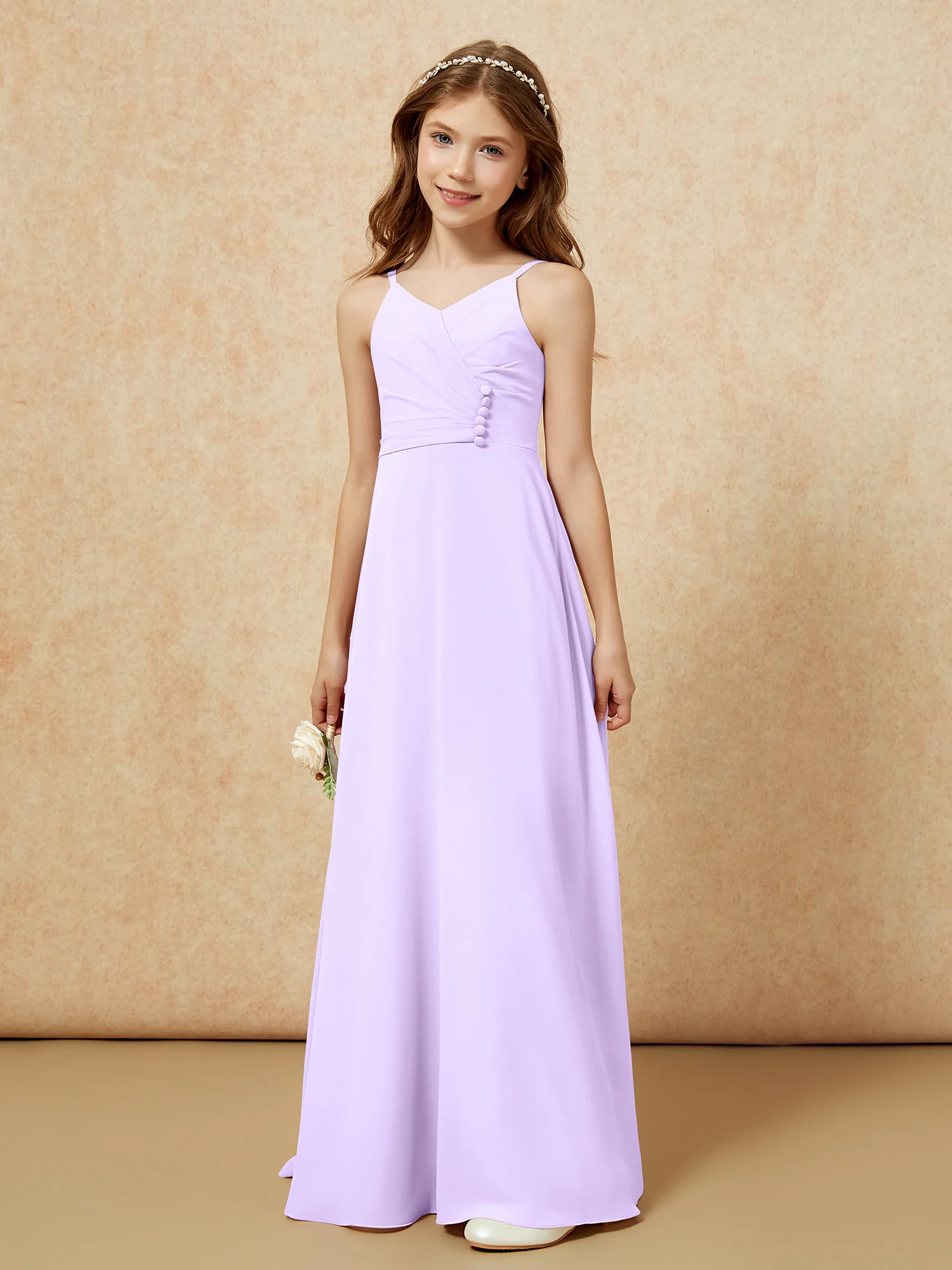 V-neck Pleated Chiffon Long Junior Bridesmaid Dresses Lilac